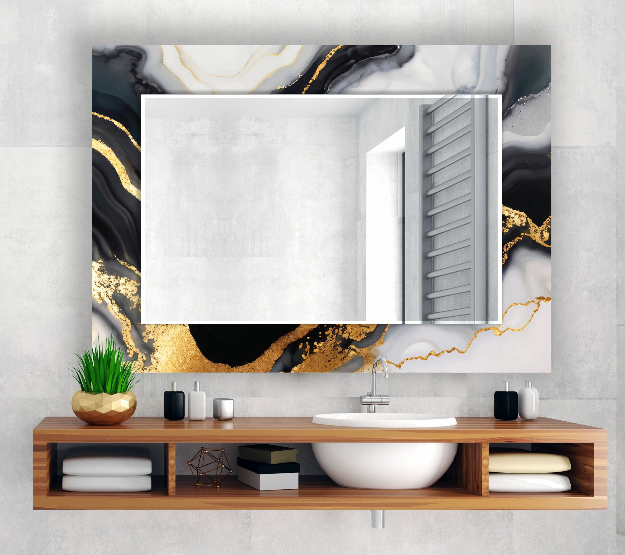 Black & Gold Marble Glass Wall Mirror - Modern Luxury Bathroom Decor for Vanity, Bedroom, or Entryway - Elegant Home Accent Mirror with Stylish Design