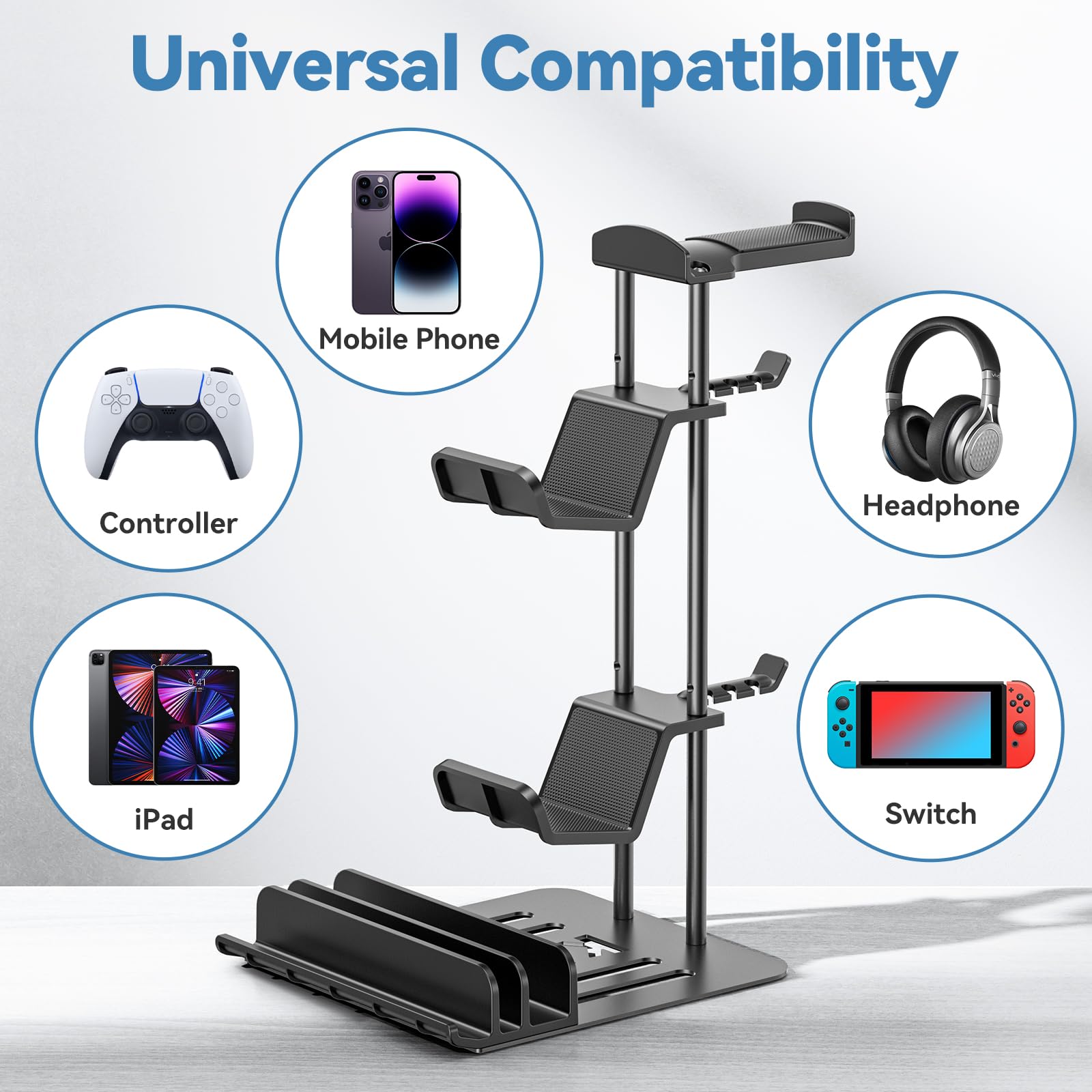 Premium Aluminum Headphone Stand & Gaming Controller Holder - Universal Desk Organizer for Headphones, Switch, Mobile Phone - Perfect for Gaming Setup & Office Workspace