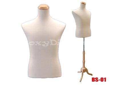 ROXYDISPLAY™ Male Mannequin (JF-33M01+BS-01NX+CAP-M42NRX) - White Jersey Fabric Body Form with Adjustable Wooden Tripod Stand for Clothing Display, Fashion Boutique, Retail Store and Photography Studio