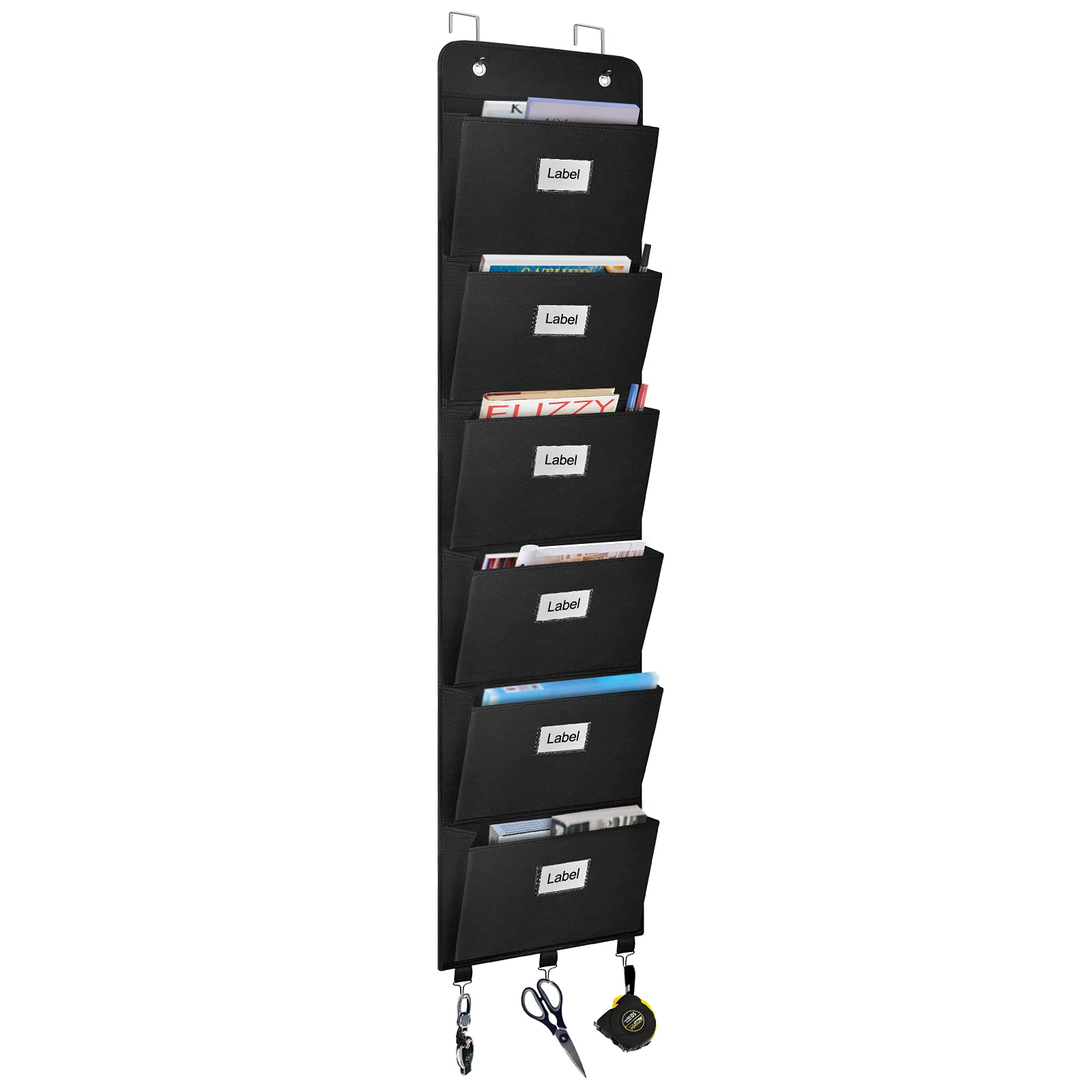 Coastal Rose Over The Door File Organizer - 6 Pockets Wall Mount Hanging Mail & Document Holder for Office & Home - Black - Perfect for Organizing Papers, Bills, Charts & Important Documents