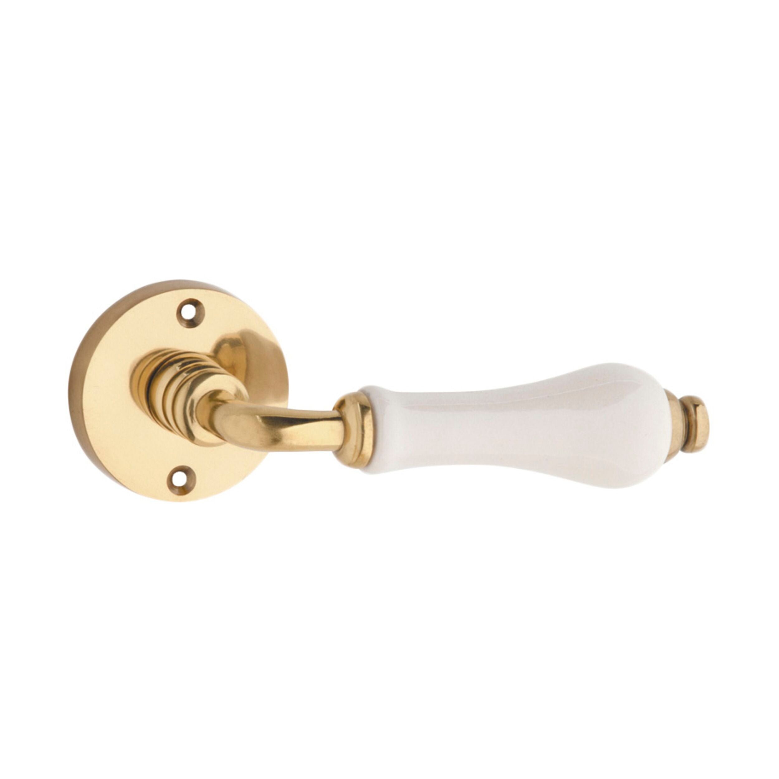 Exeter Round Rose Porcelain Door Lever Set - Polished Brass Finish - 50mm Diameter x 66mm Projection - Perfect for Victorian & Traditional Home Interiors
