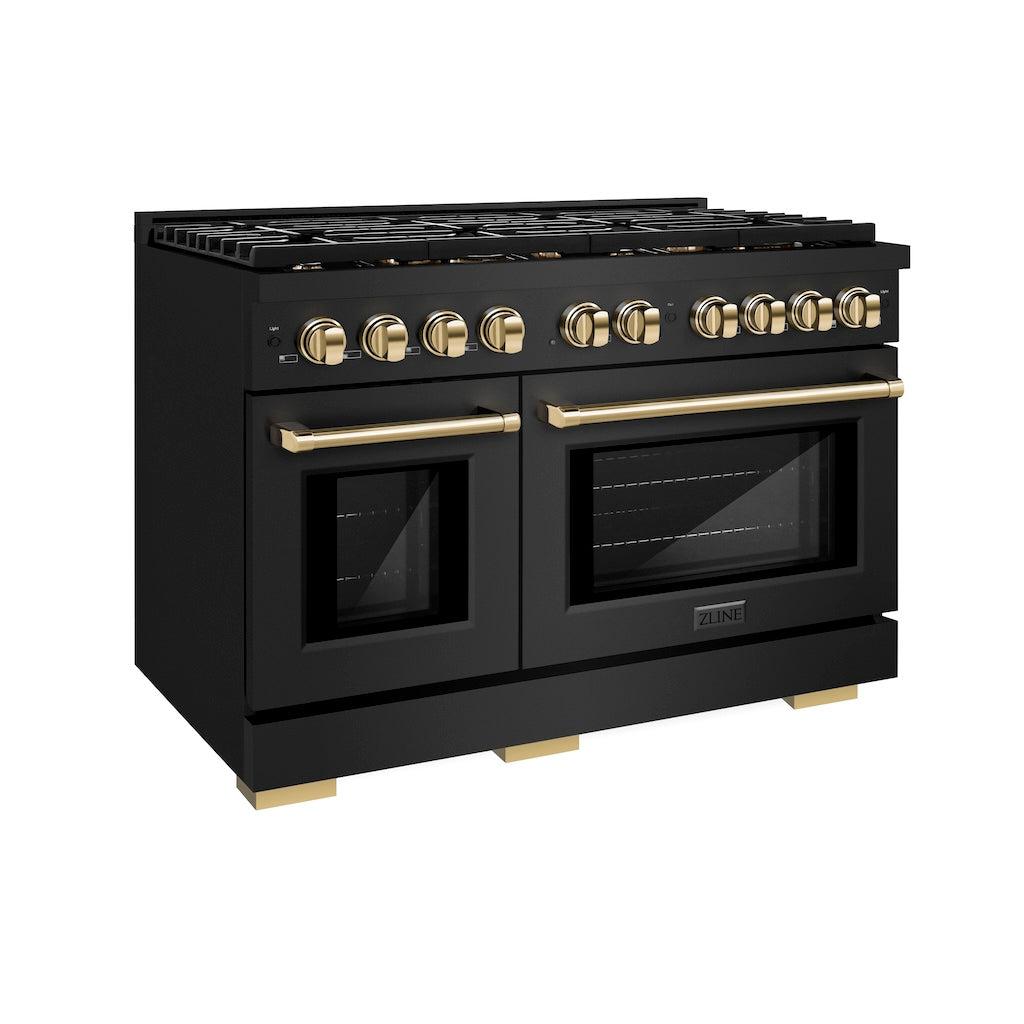 ZLINE Autograph Edition 48-inch 6.7 cu. ft. Paramount Double Oven Gas Range with 8 Burner Cooktop in Black Stainless Steel & Polished Gold Accents - Professional Kitchen Appliance for Home Chefs & Entertaining (SGRBZ 48 G)