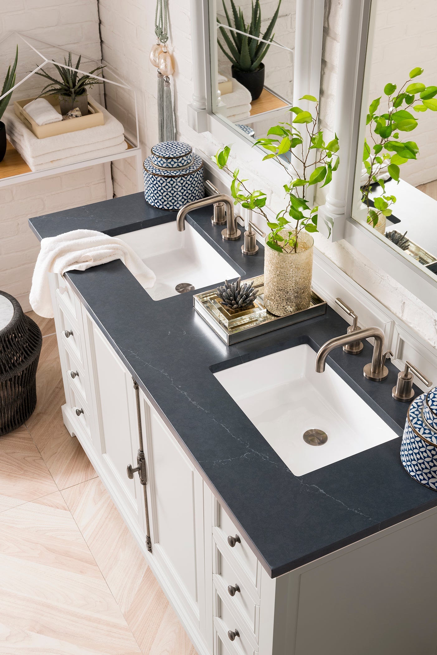 Providence 60 Inch Double Vanity Cabinet with Charcoal Soapstone Quartz Top - Bright White Bathroom Vanity for Master Bath & Powder Room