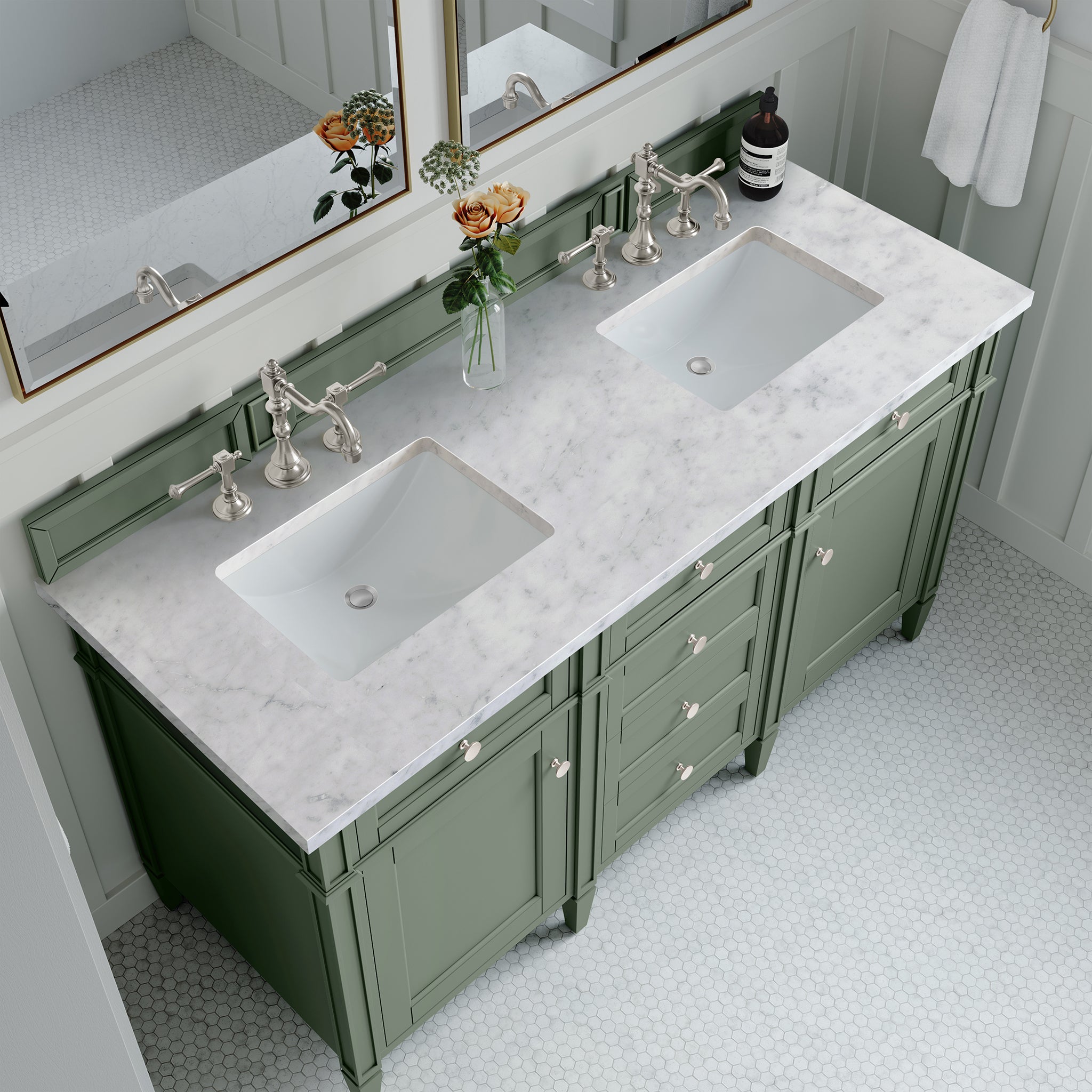 Brittany 60 Inch Double Bathroom Vanity with Smokey Celadon Finish & 3CM Carrara Marble Top - Perfect for Master Bathroom Renovation and Luxury Home Upgrade