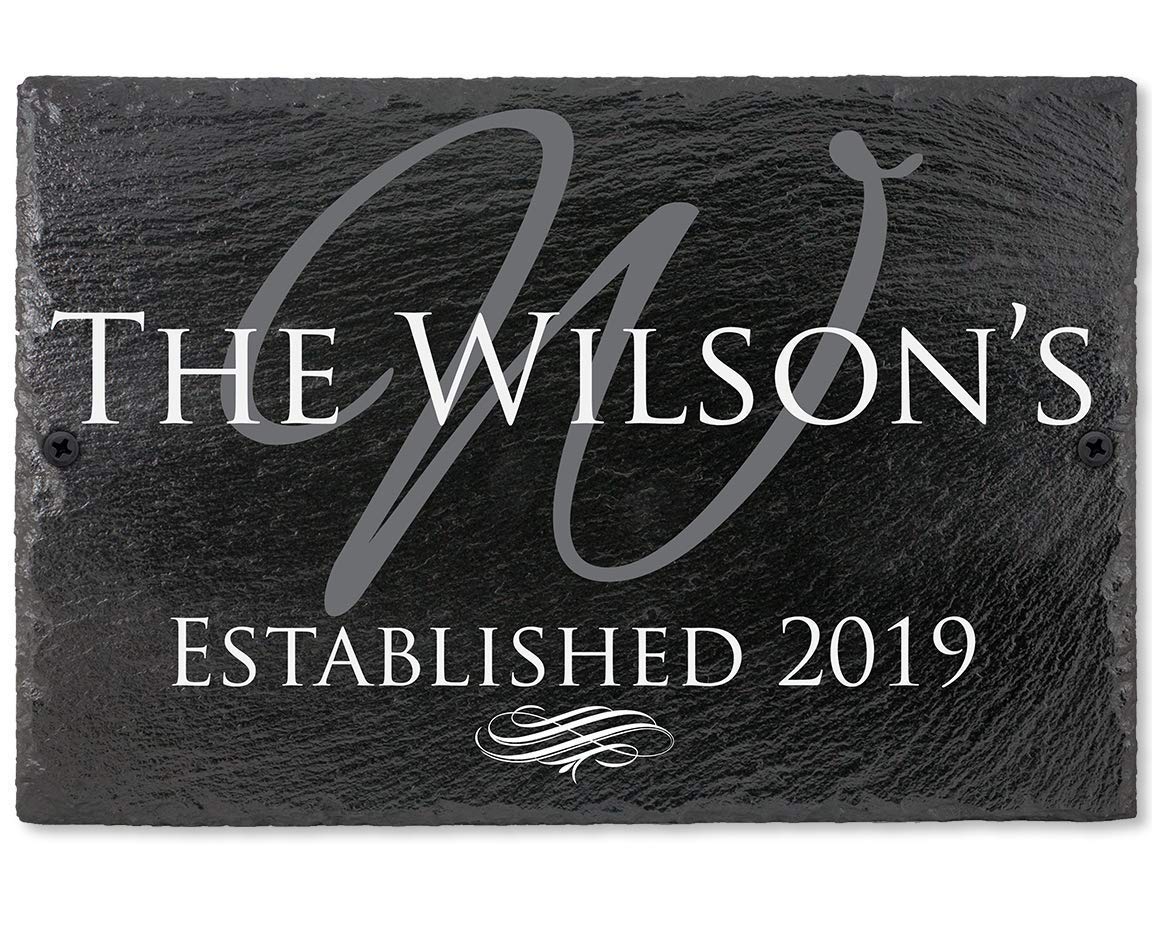 Custom Slate Family Name Plaque - Personalized with Name, Year & Initials | Durable Outdoor Patio Decor | Backyard Sign | Unique Housewarming Gift (Black/White) | Perfect for Front Porch, Garden & Entryway Decorations