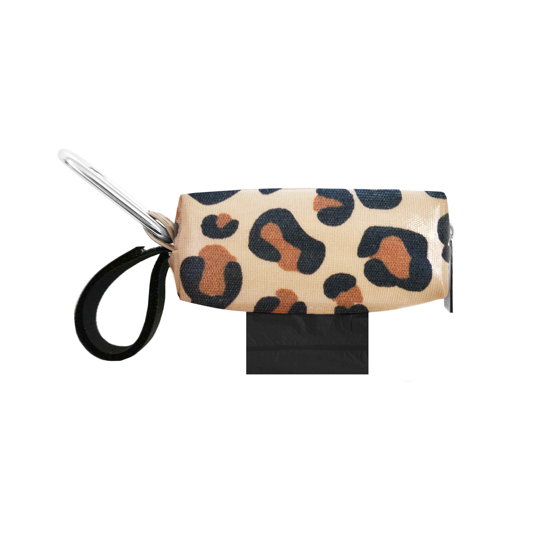 Leopard Print Dog Poop Bag Dispenser - Waterproof Waste Bag Holder with Carabiner Clip & Leash Strap - Includes 12 Biodegradable Bags for Easy Cleanup During Walks, Hiking & Outdoor Adventures