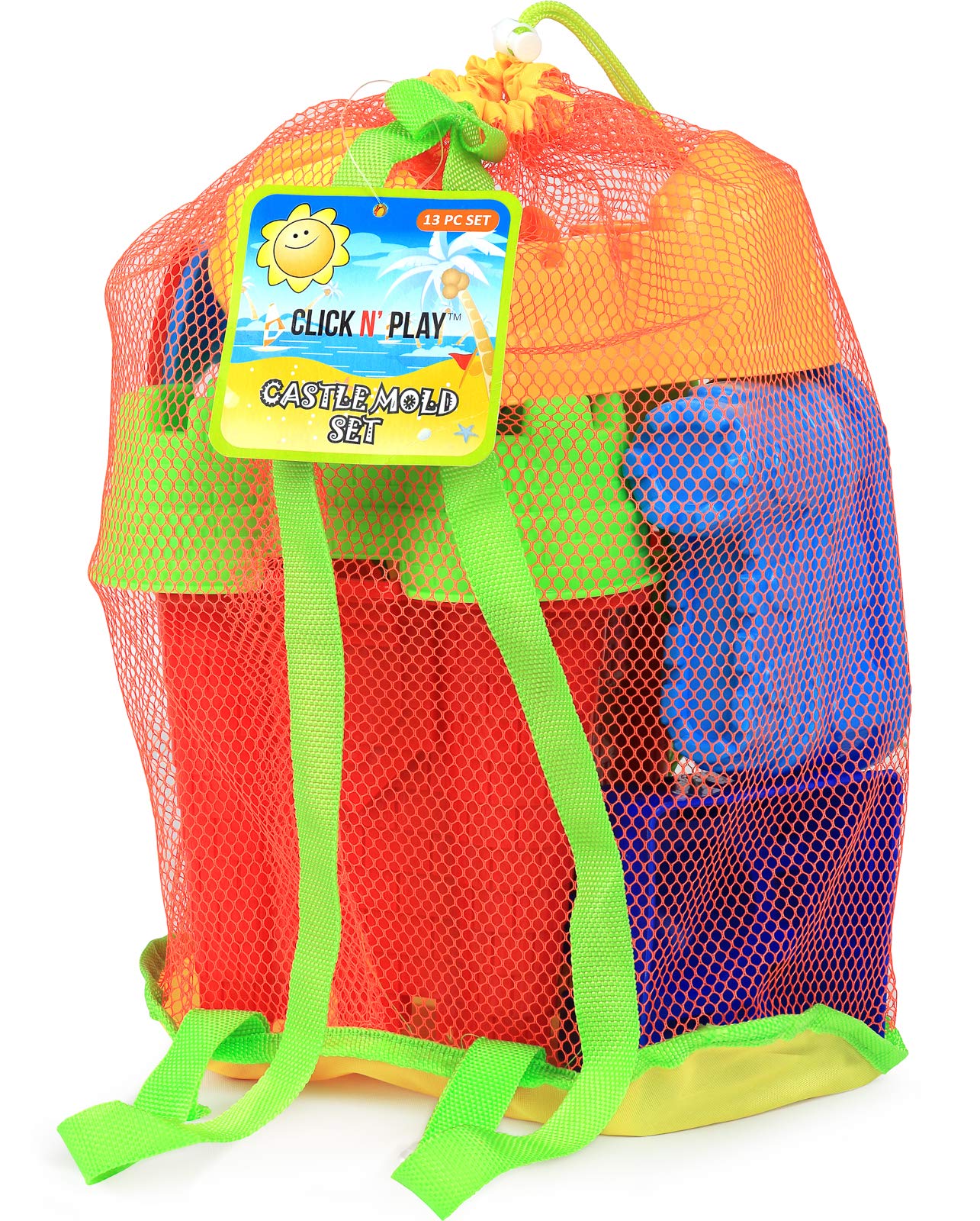 Click N' Play 13-Piece Beach Toys Set for Kids Ages 3-10 - Sand Bucket, Watering Can, Rake, Shovel & 9 Sand Molds with Mesh Storage Bag - Perfect for Beach, Sandbox, Backyard & Outdoor Play - Durable Summer Toys for Toddlers & Children