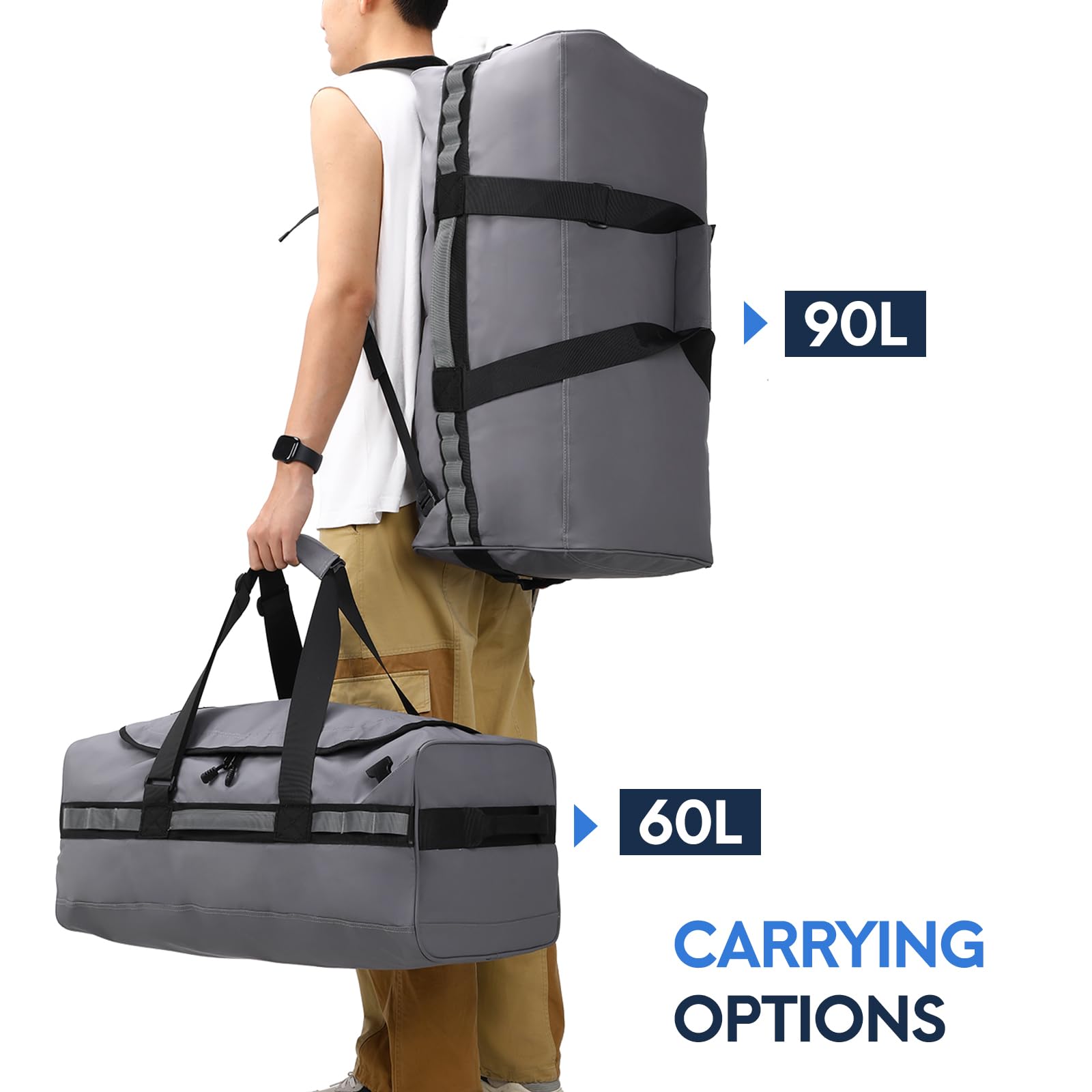 Haimont Large 60L Water Resistant Gym Duffel Backpack for Men - Sports Duffle Bag with Backpack Straps for Hiking, Travel, Workout & Weekender Trips - Durable Gray Fitness Bag for Gym, Sports & Outdoor Activities