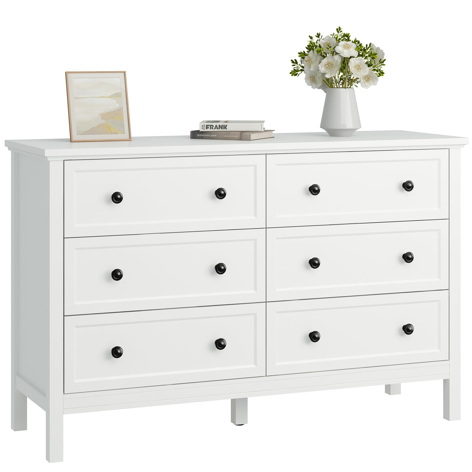 White 6-Drawer Dresser for Bedroom - Solid Wood Chest with Wide Drawers & Metal Handles - Modern Storage Cabinet for Hallway, Entryway, Closet Organization - Perfect for Bedroom Furniture, Home Decor & Small Space Storage Solutions