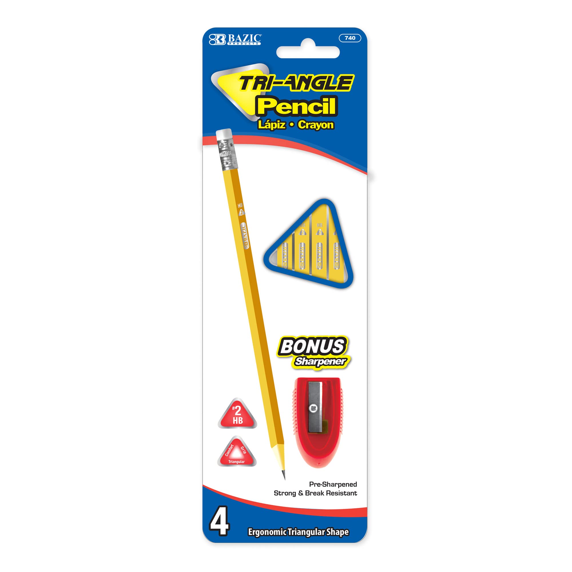 BAZIC #2 HB Wood Pencils Pre-Sharpened with Latex-Free Eraser, 24-Packs (96 Count) - Triangle Grip Yellow Pencils for School, Office & Art Projects - Bulk Classroom Supplies for Students & Teachers