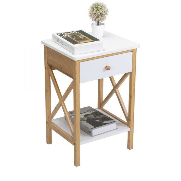 Modern Bamboo Nightstand with Drawer & Storage Shelf - X-Shape Frame Wooden End Table for Living Room, Bedroom, Office - Perfect for Small Spaces & Home Decor (Set of 2)