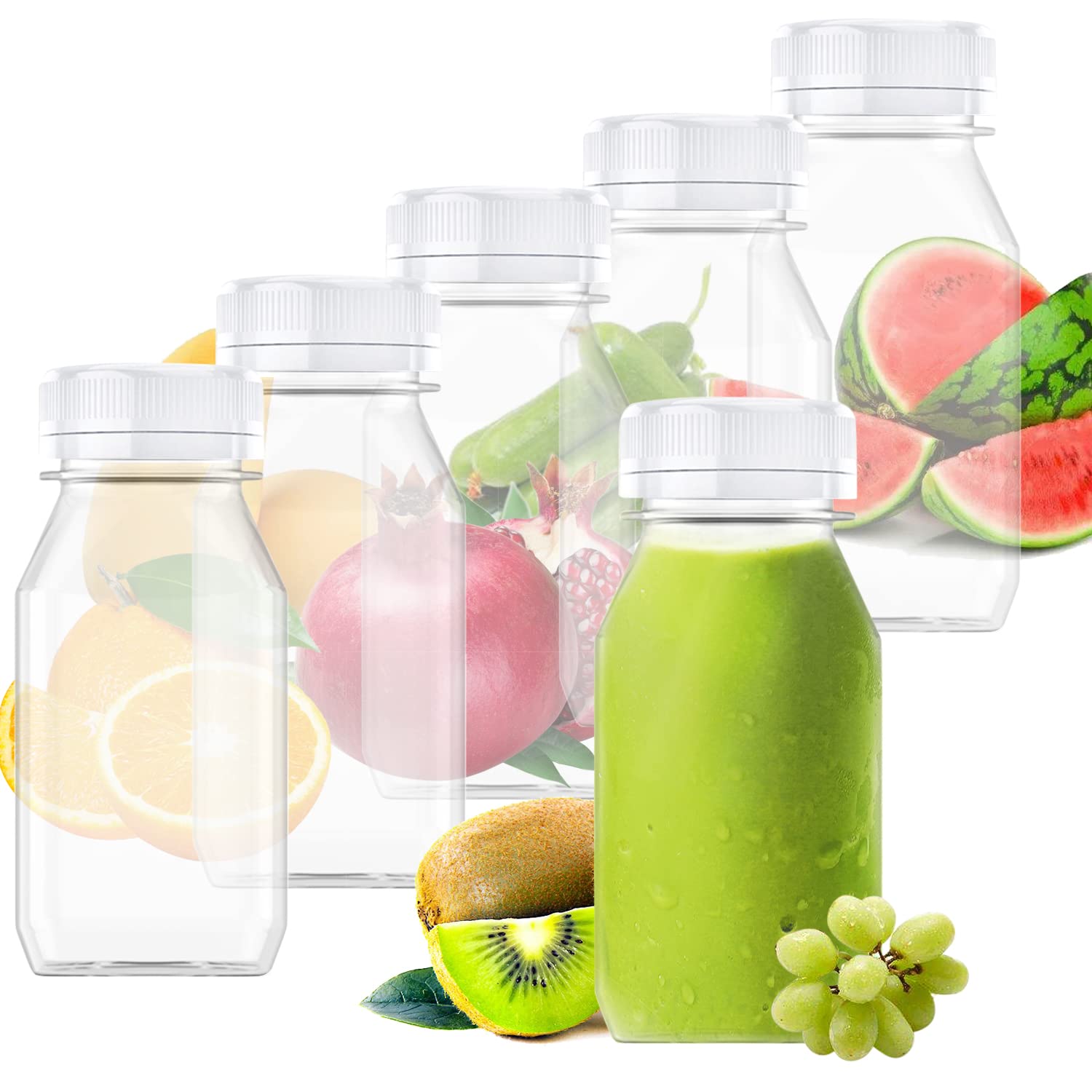 6-Pack 5 oz Reusable Plastic Juice Bottles with White Lids - Clear Transparent Beverage Containers for Juice, Milk, Smoothies & More - Perfect for Home, Cafe, Restaurant & Meal Prep