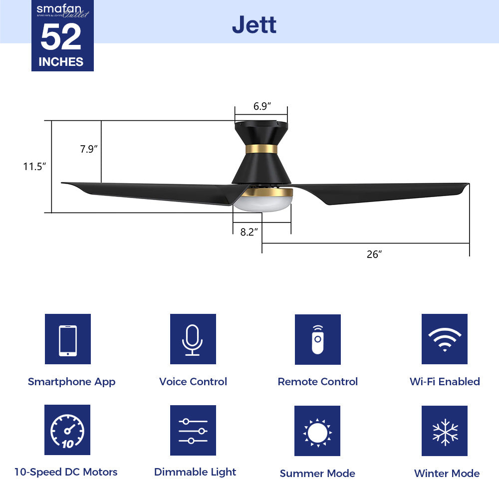 52 Inch Jett Low Profile Smart Ceiling Fan with LED Light and Remote Control - Perfect for Bedroom, Living Room, and Home Office