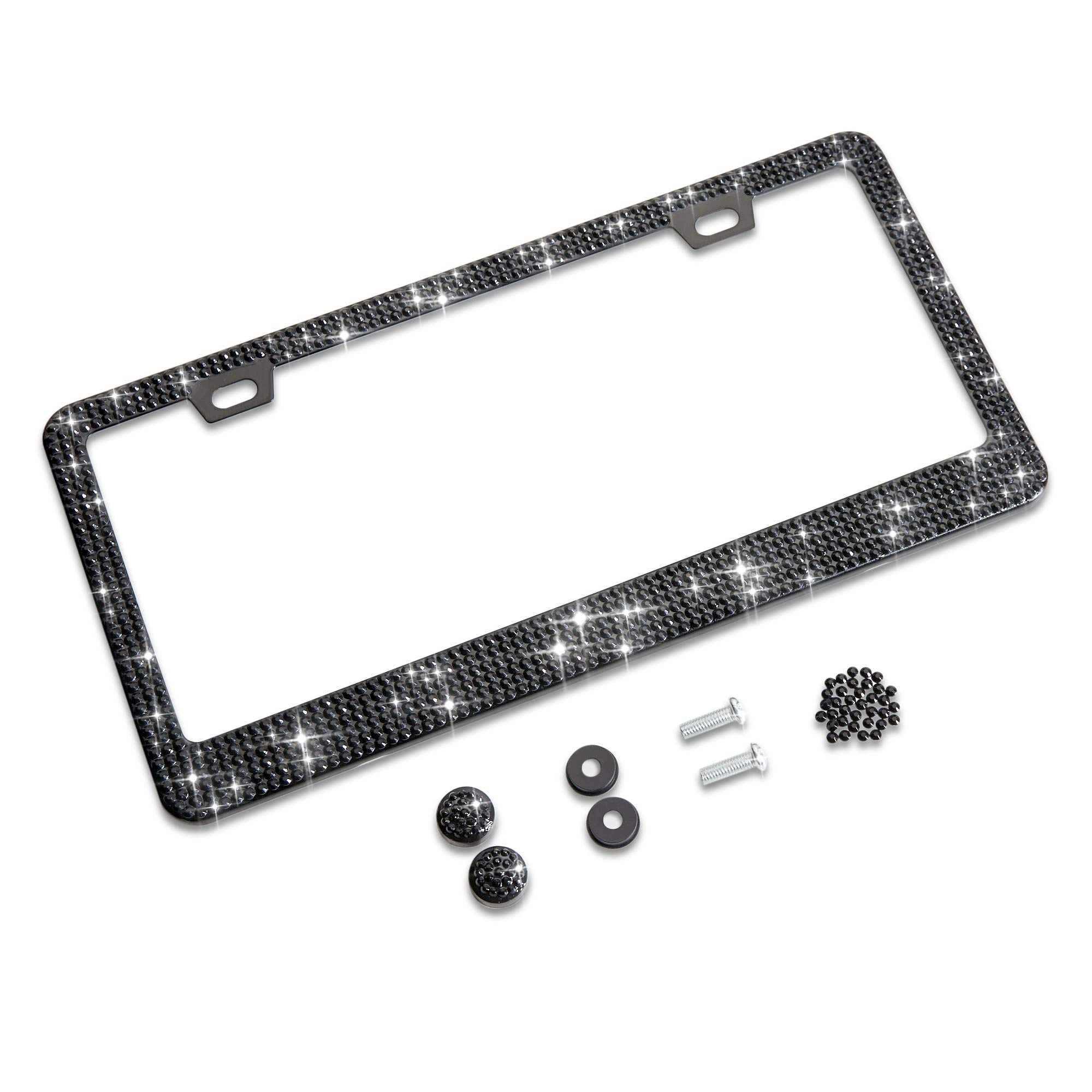 Sparkly Glitter License Plate Frame with Rhinestone Crystals - 1 Pack Bedazzled Car Accessory for Women, Party & Birthday Gift - Perfect for Night Out, Car Shows & Glamorous Vehicle Customization (Black)