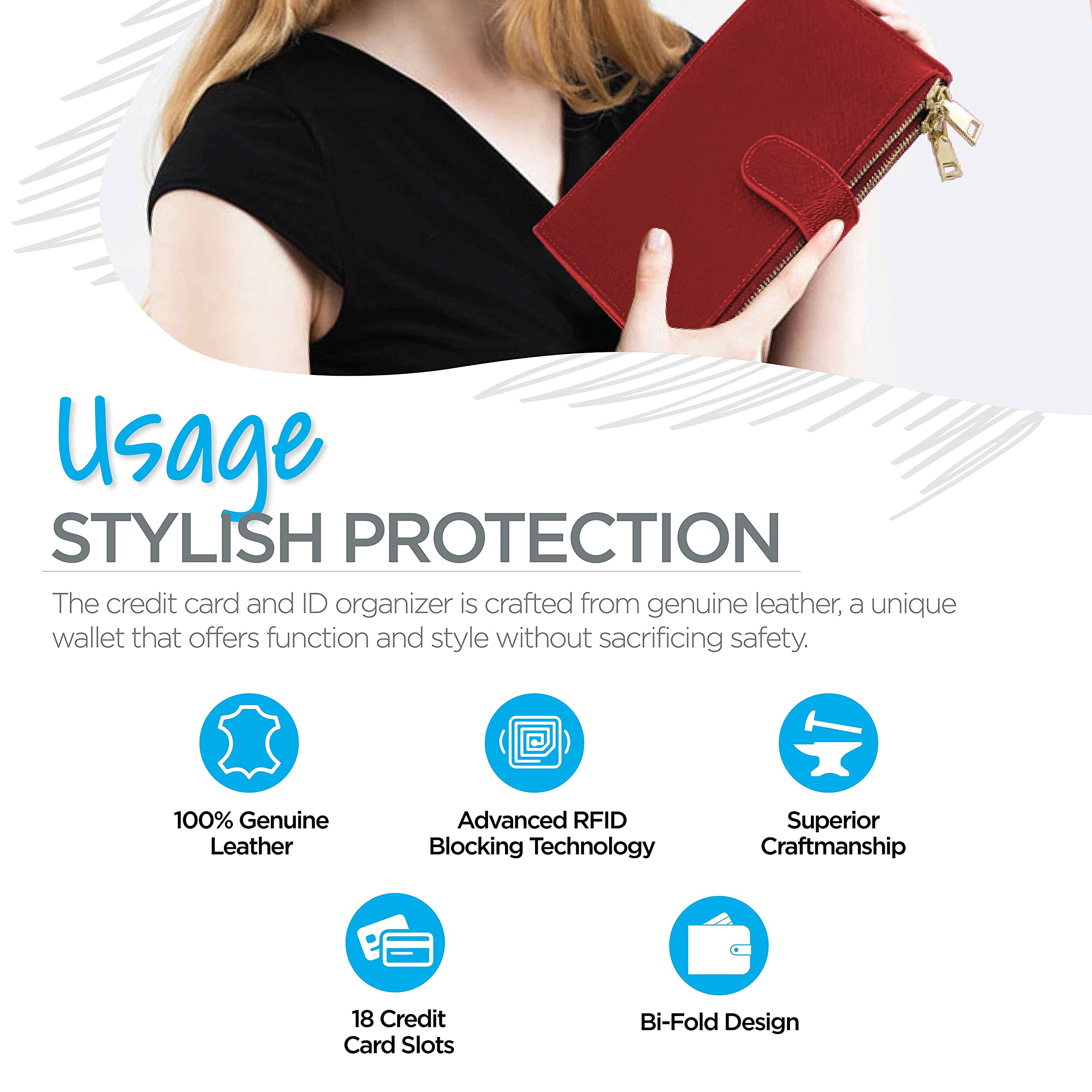 RFID Blocking Wallet for Women - Genuine Leather Bifold Wallet with Zipper Pocket, Credit Card Holder - Stylish & Secure for Travel, Shopping & Daily Use (Red)