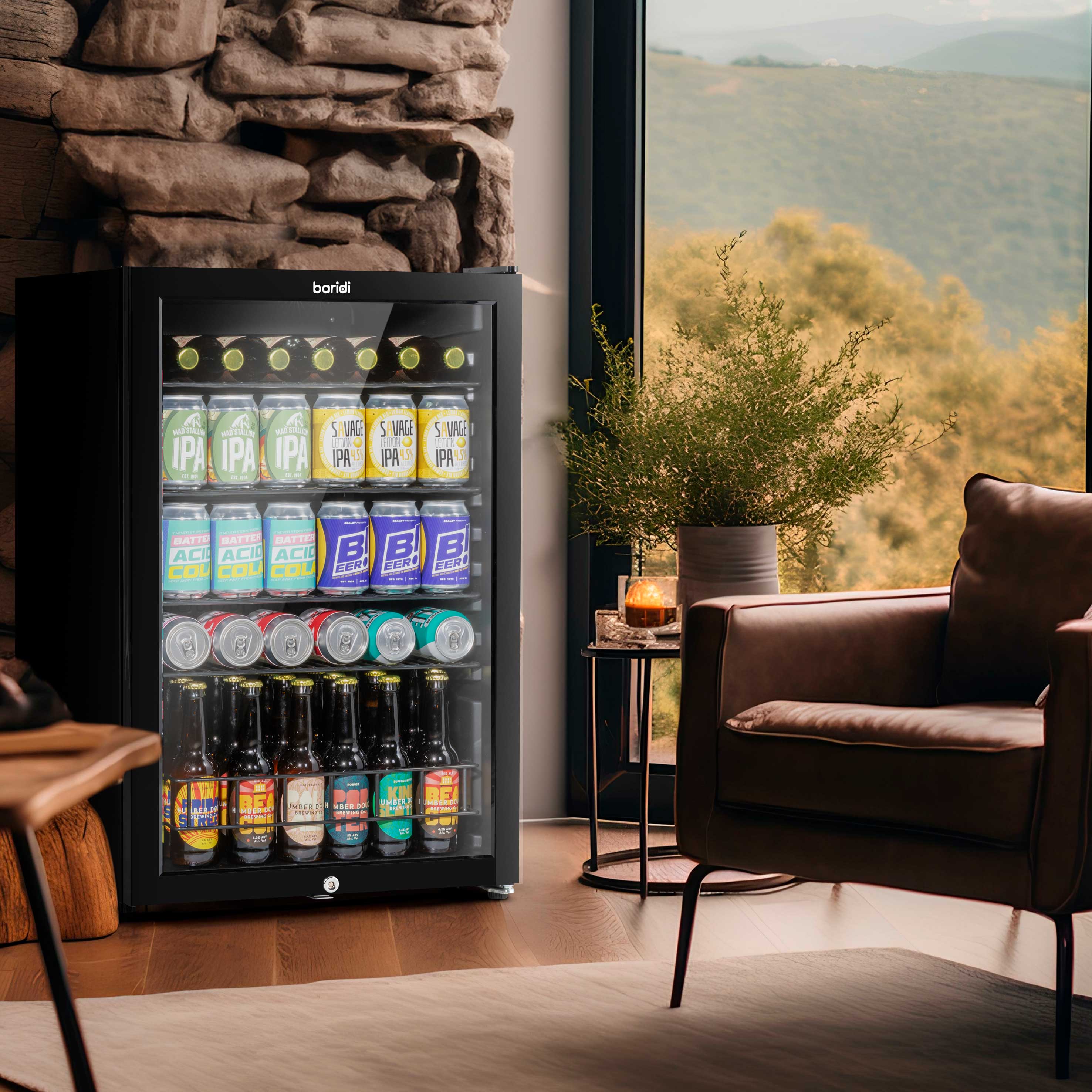 Baridi 115L Under Counter Beverage Cooler - Black DH223 | Energy Efficient Beer & Wine Fridge with LED Light | Perfect for Home Bars, Kitchens & Entertaining Spaces