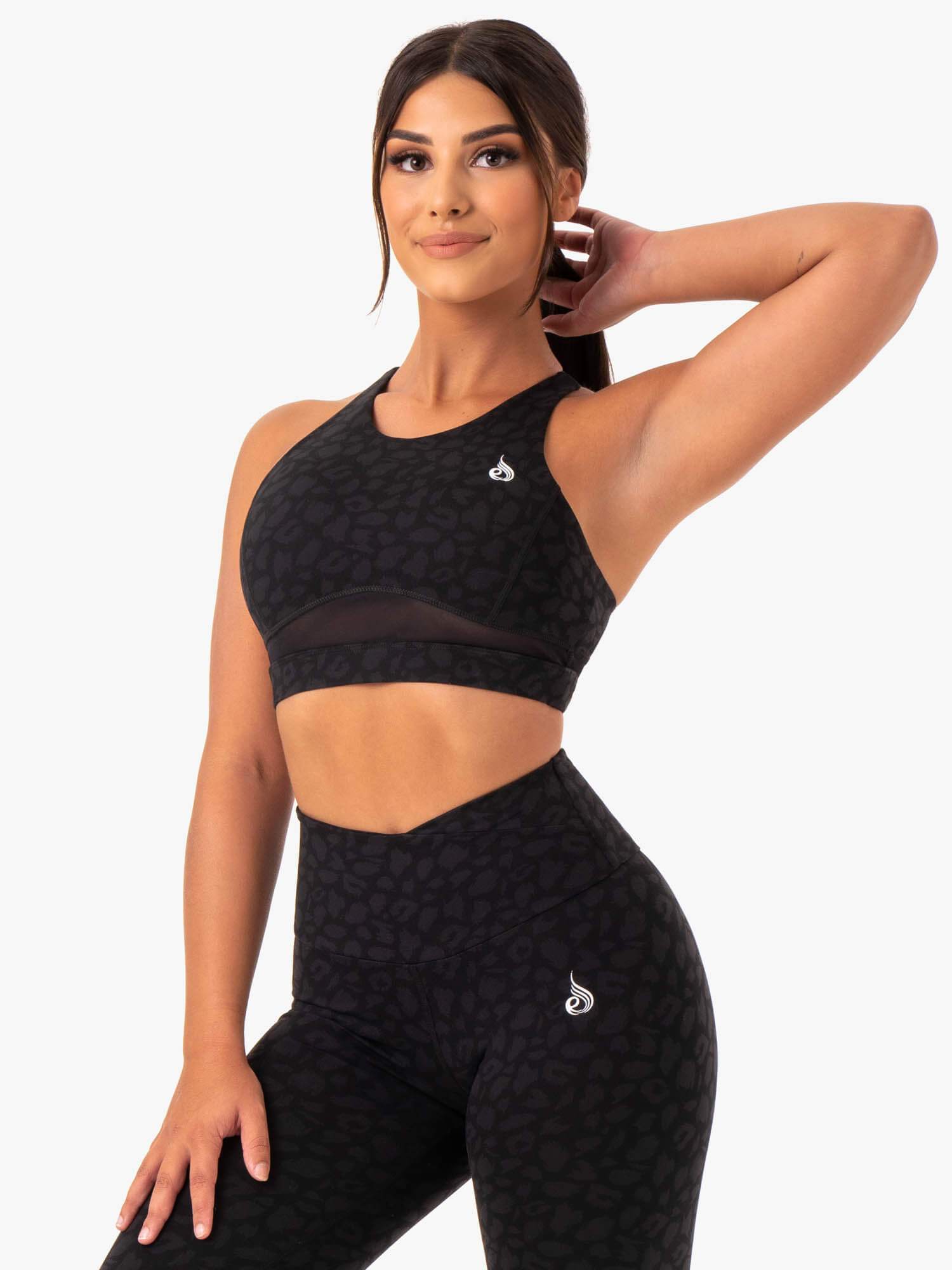 Amazon Mesh Sports Bra for Women - Breathable Black Leopard Print Workout Top for Running, Yoga & Gym