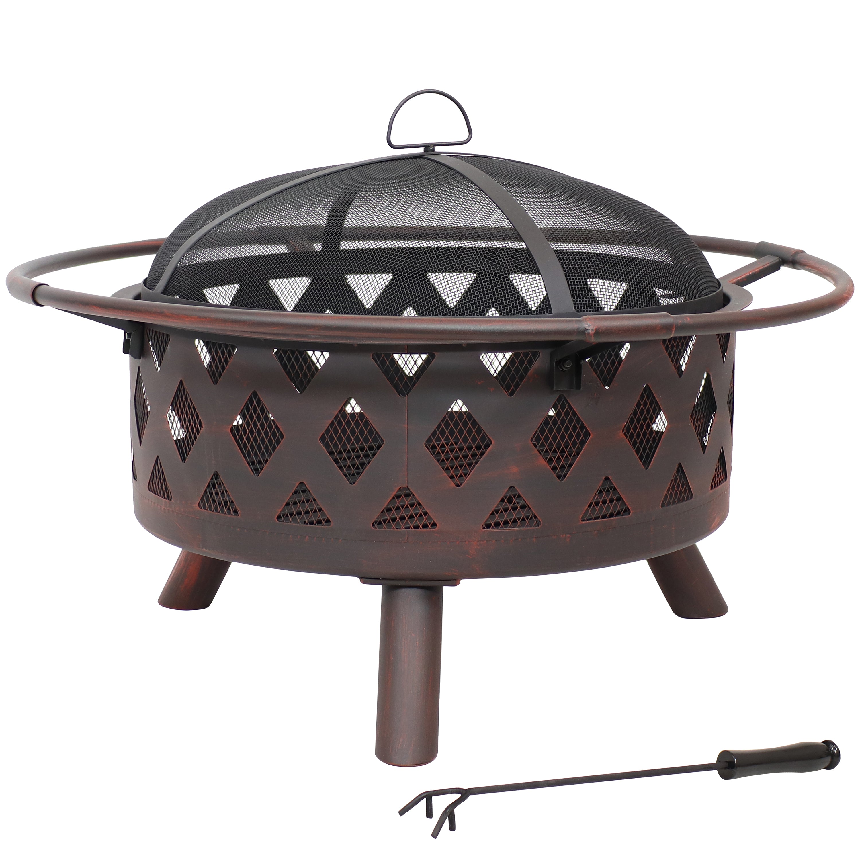 Sunnydaze Bronze Crossweave Outdoor Fire Pit with Spark Screen & Poker - Heavy Duty Steel Wood Burning Firepit for Backyard, Patio, Camping & Bonfires