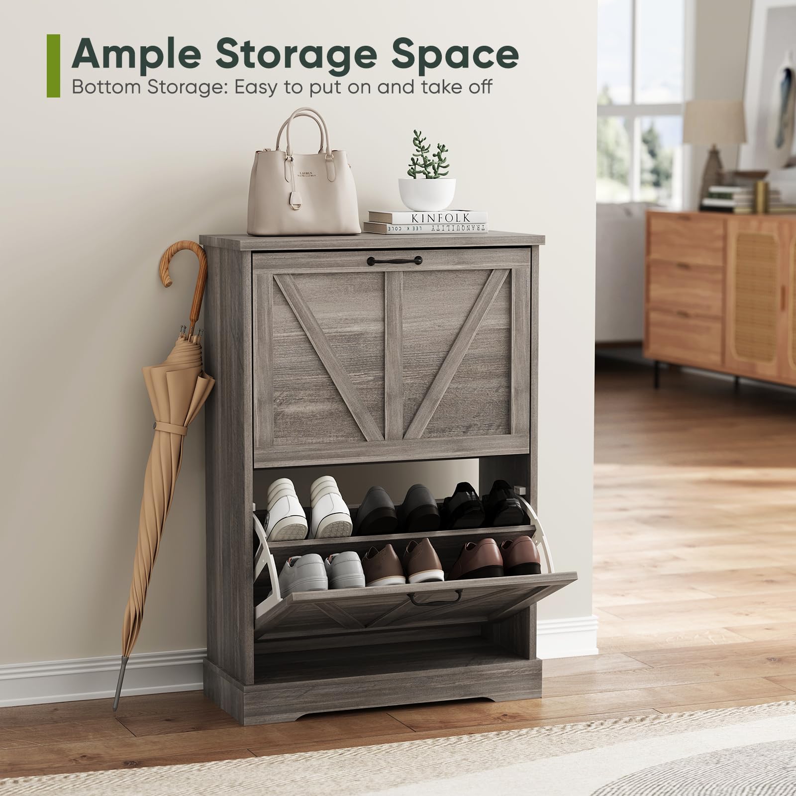 Slim Shoe Rack Cabinet - Narrow Entryway Storage Organizer with Wooden Feet & 2 Flip Drawers | Farmhouse Style Shoe Organizer for Hallway, Closet, Bedroom (Grey)