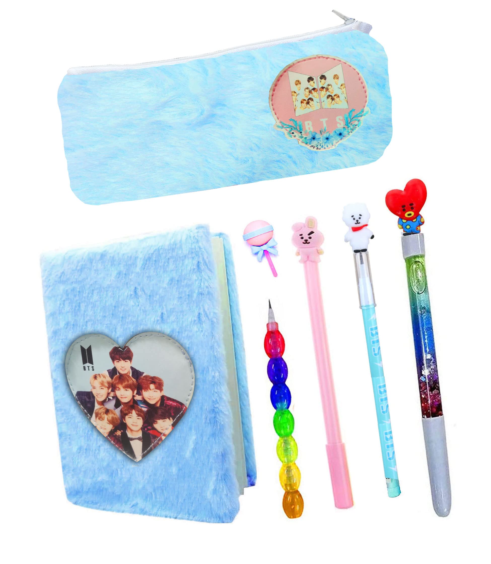 BTS Army Stationery Set for Kids - 7pcs BT-21 A6 Notebook Diary, Fur Pencil Case, Pen, Pencils & Eraser - Perfect for School, Study & K-Pop Fans (Blue)