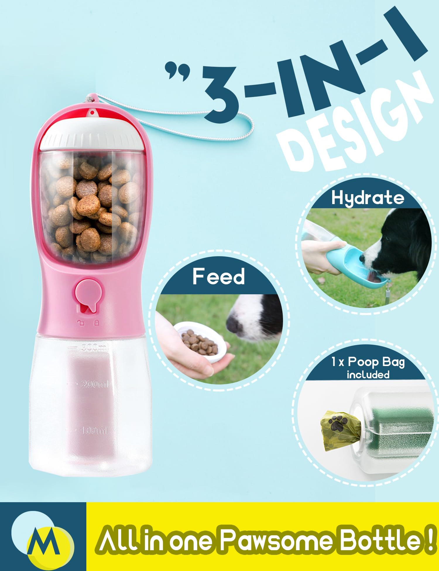 Portable Dog Water Bottle with Bowl - 10oz Pink for Outdoor Hiking & Walking