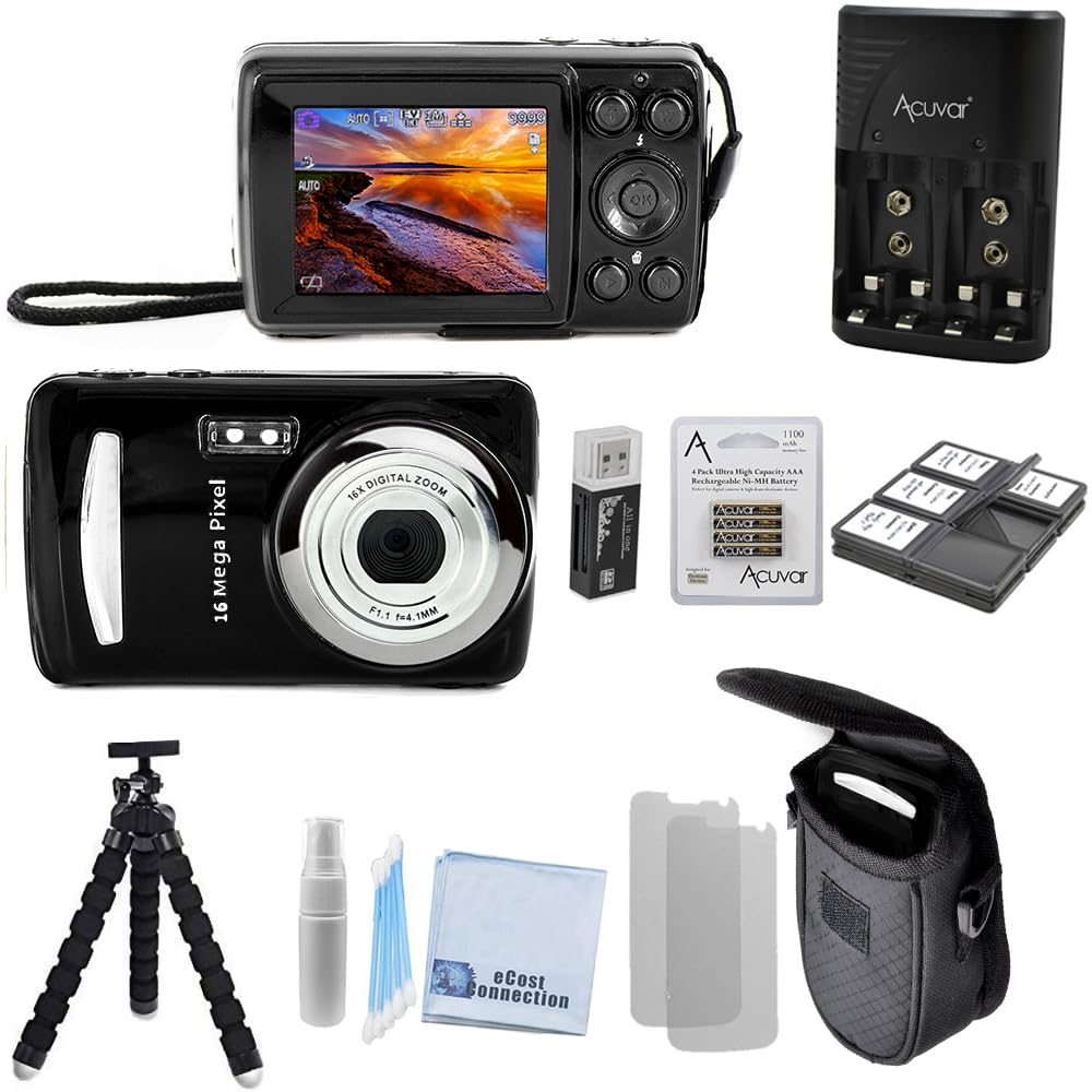 Acuvar 16MP Digital Camera Kit with Tripod - Perfect for Vlogging, Travel & Photography | Includes SD Card Reader, 4 AAA Batteries, Charger, 6-Slot Card Holder, Lens Cleaner & Carrying Case