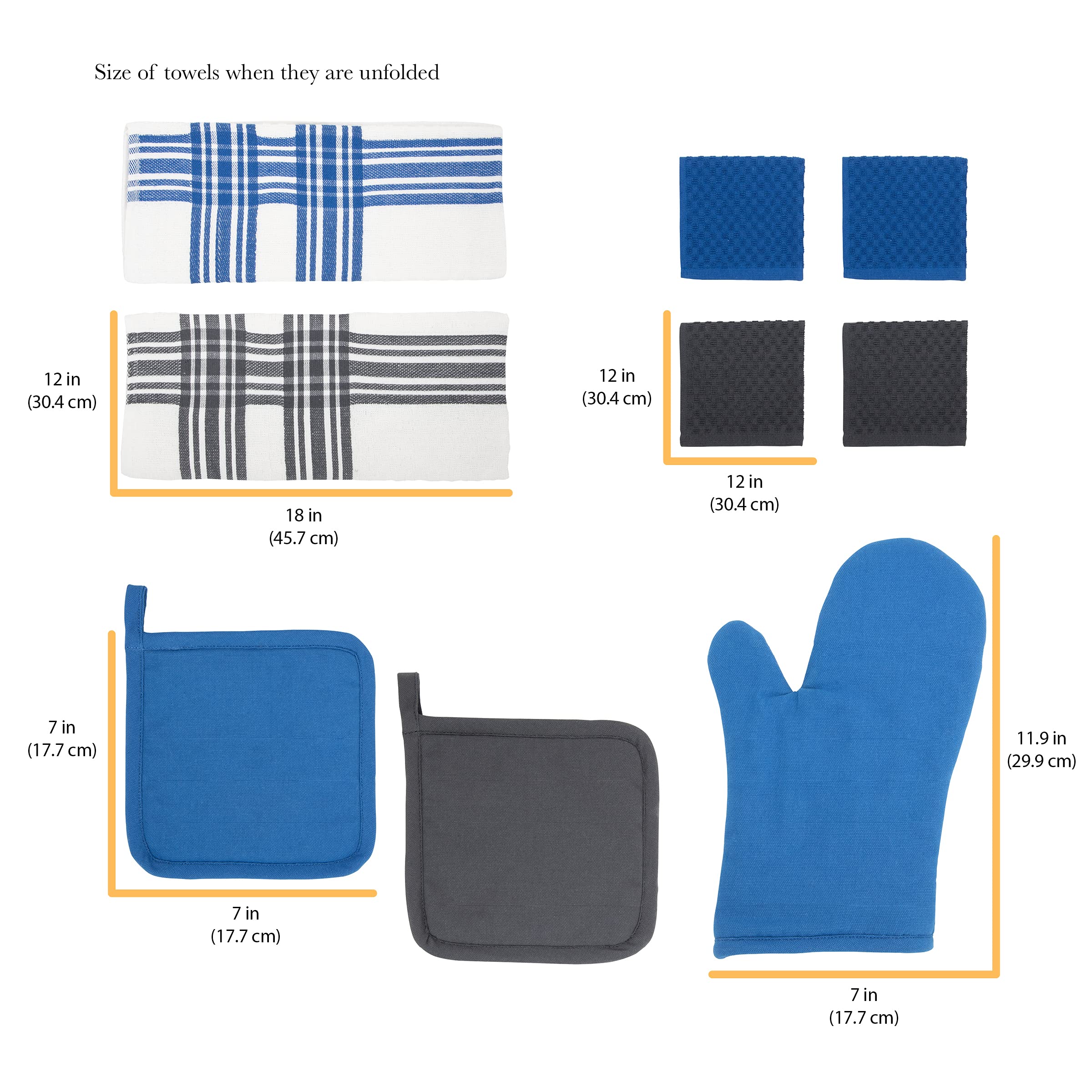 Chicago Metallic 9-Piece Kitchen Textile Set - Heat Resistant Oven Mitts, Pot Holders, Cotton Terry Dish Towels & Cloths (Blue, White, Gray) for Baking, Cooking & Kitchen Decor