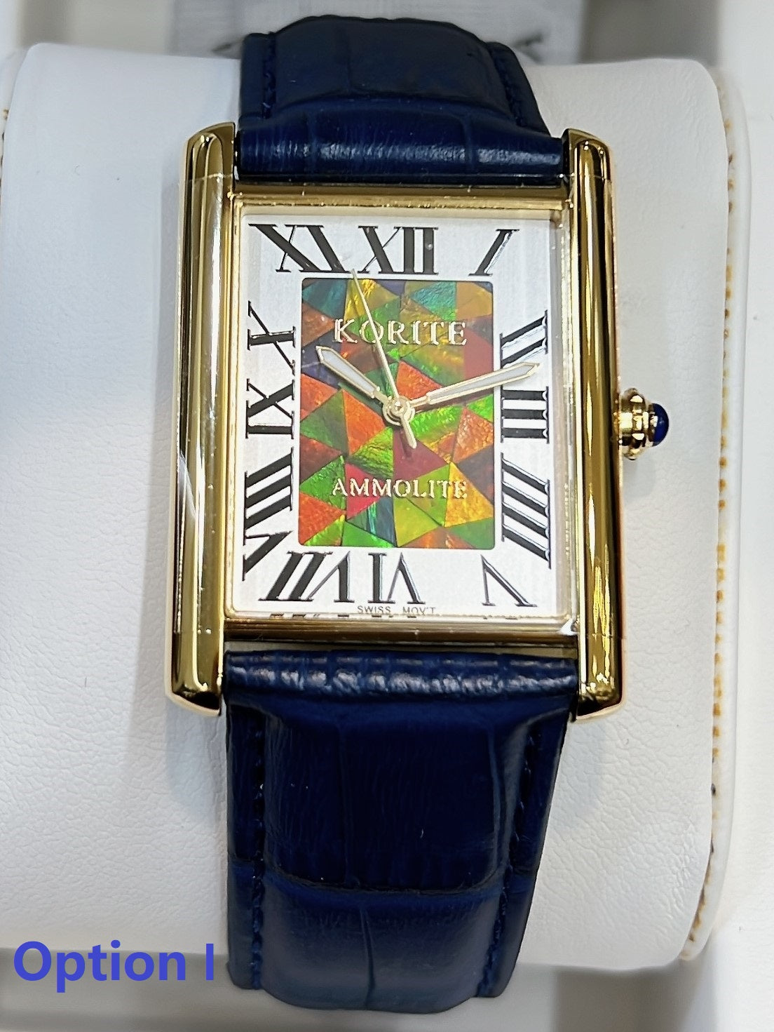 Elegant Ammolite Watch with Large Roman Mosaic Dial & Navy Blue Genuine Leather Strap – Korite Gemstone | Perfect for Business Meetings, Formal Events & Luxury Gift Giving