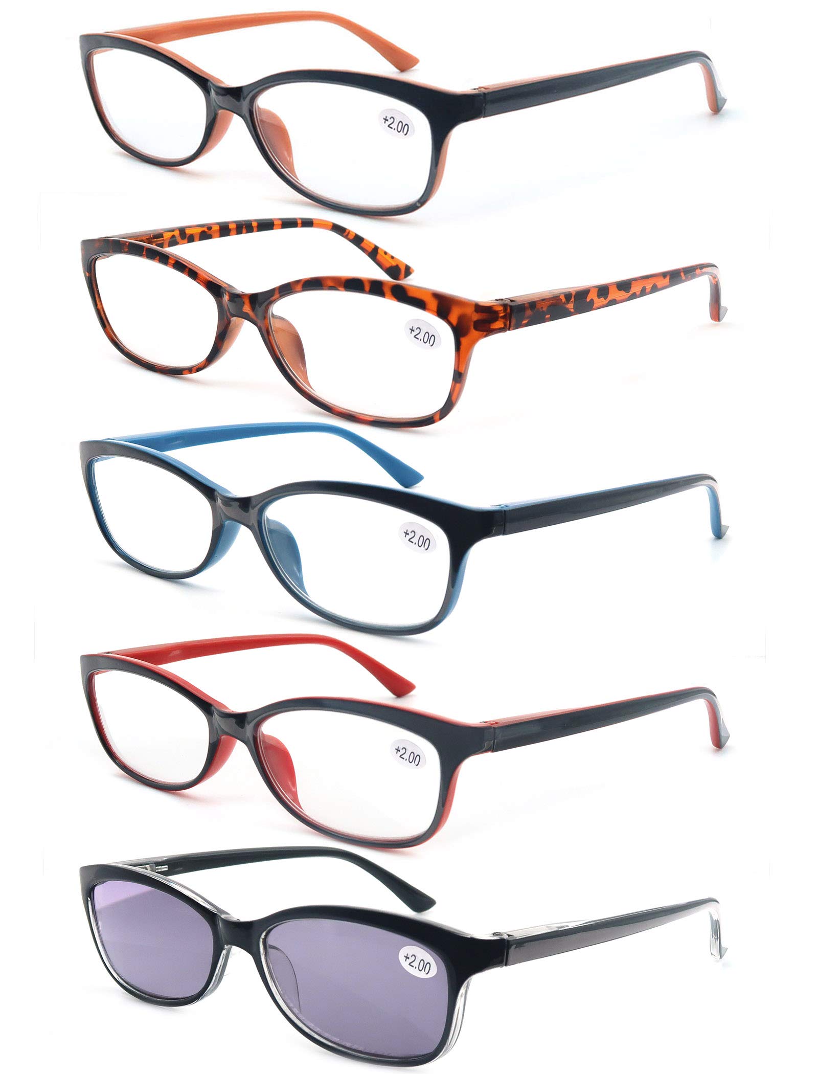 Colorful Women's Reading Glasses +2.25, Lightweight Frames for Outdoor Reading (5-Pack)
