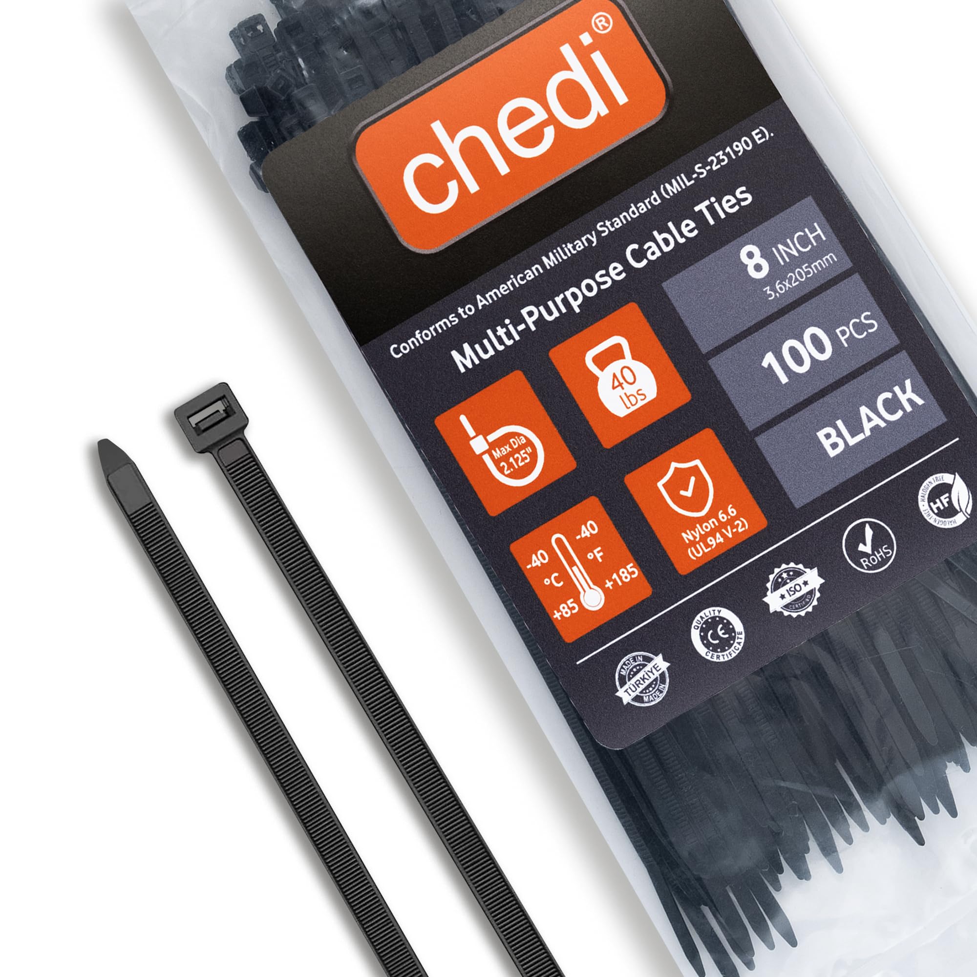 CHEDI 8-Inch 100-Pack Heavy Duty Black Cable Ties - 40 lbs Tensile Strength Self-Locking Zip Ties for Indoor & Outdoor Use | Perfect for Organizing Wires, Securing Plants & DIY Projects