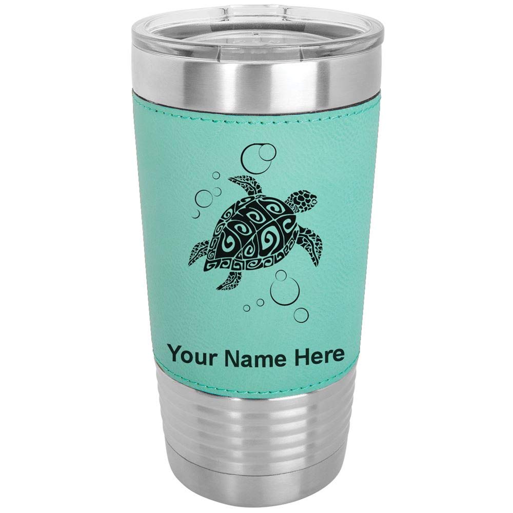 LaserGram 20oz Vacuum Insulated Stainless Steel Tumbler Mug with Lid - Hawaiian Sea Turtle Design, Personalized Engraving, Leakproof & Sweatproof - Perfect for Coffee, Tea, Cold Drinks at Home, Office, Travel & Outdoor Activities (Faux Leather, Teal)