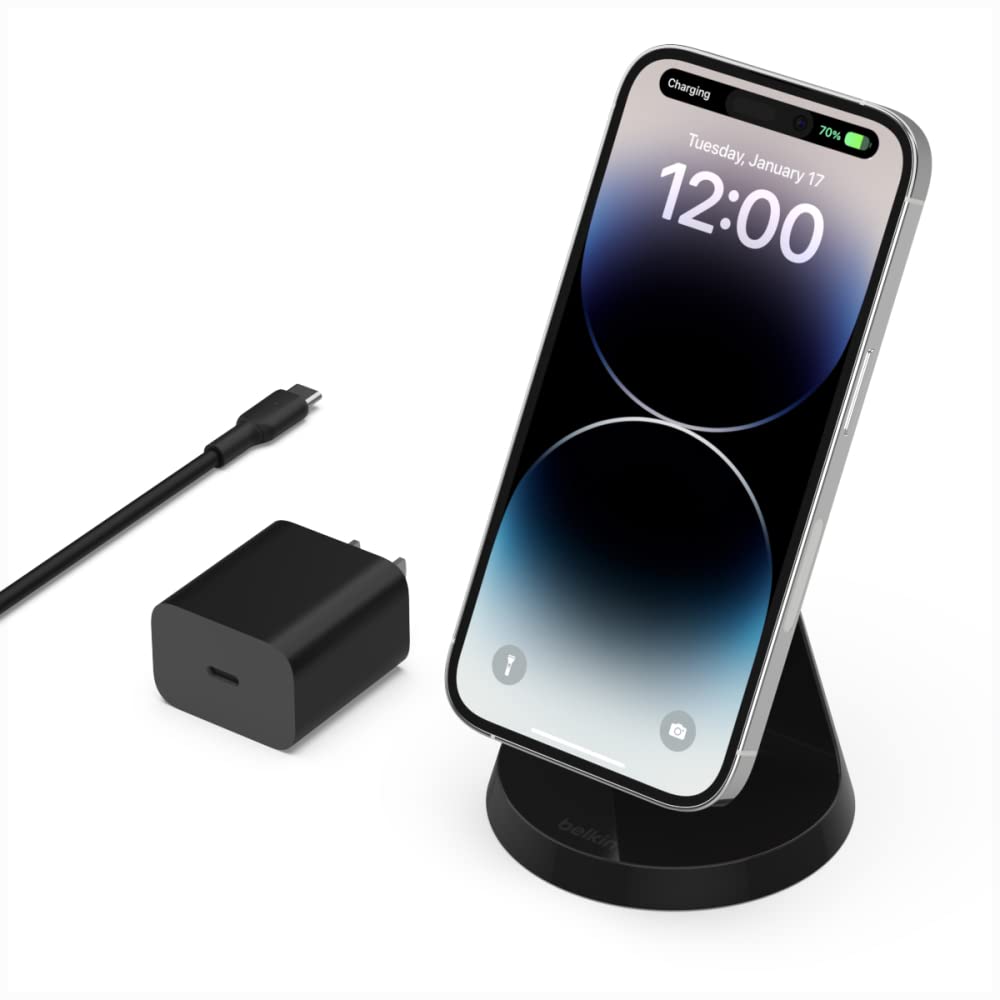 Belkin Magnetic Wireless Charger Stand with Power Supply - Fast Charging for iPhone 12/13/Pro/Pro Max/Mini, MagSafe Compatible (Black) - Perfect for Home, Office & Travel Charging
