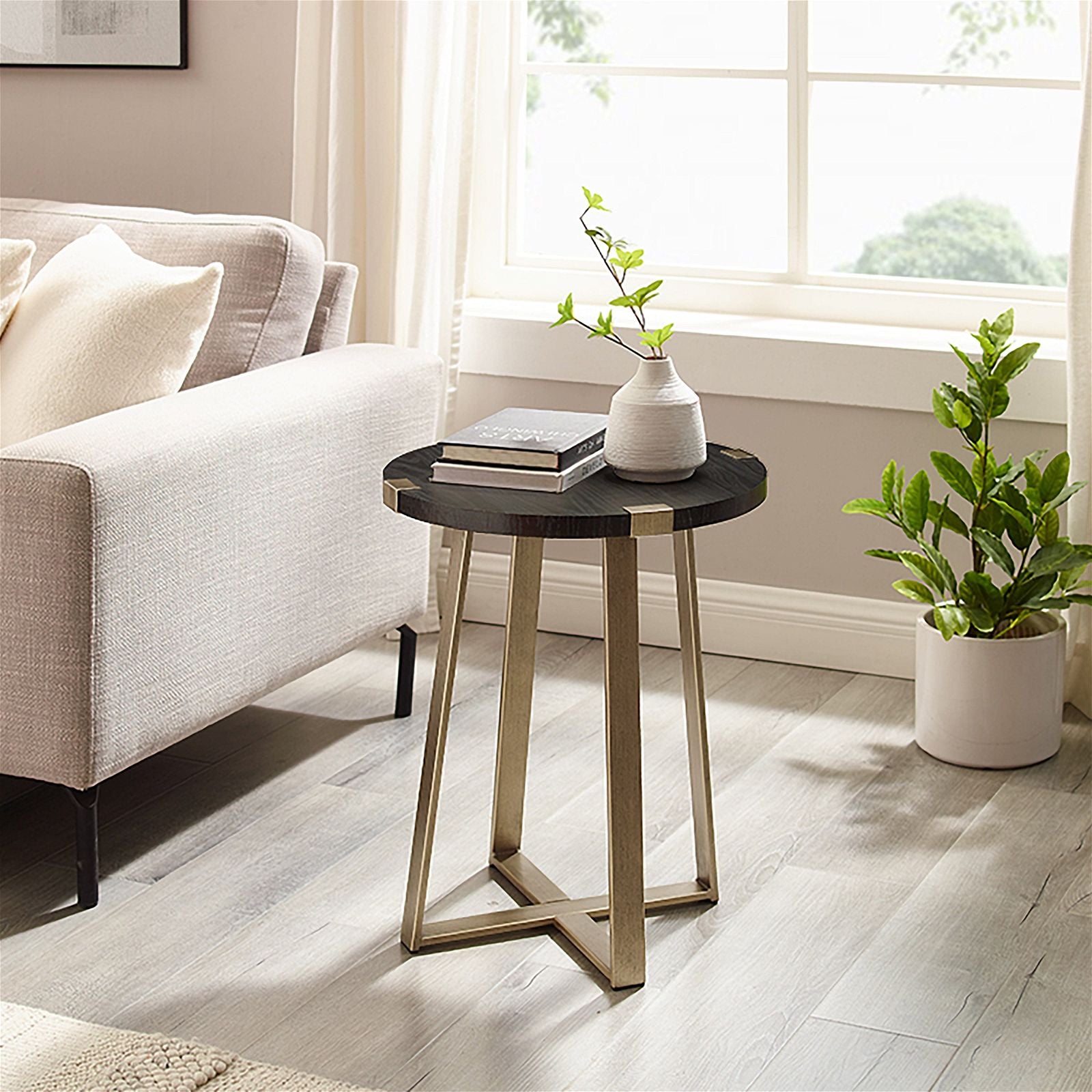 Modern Capri Round End Table - Black Oak & Gold Finish by Criterion | Stylish Side Table for Living Room, Bedroom or Office Decor