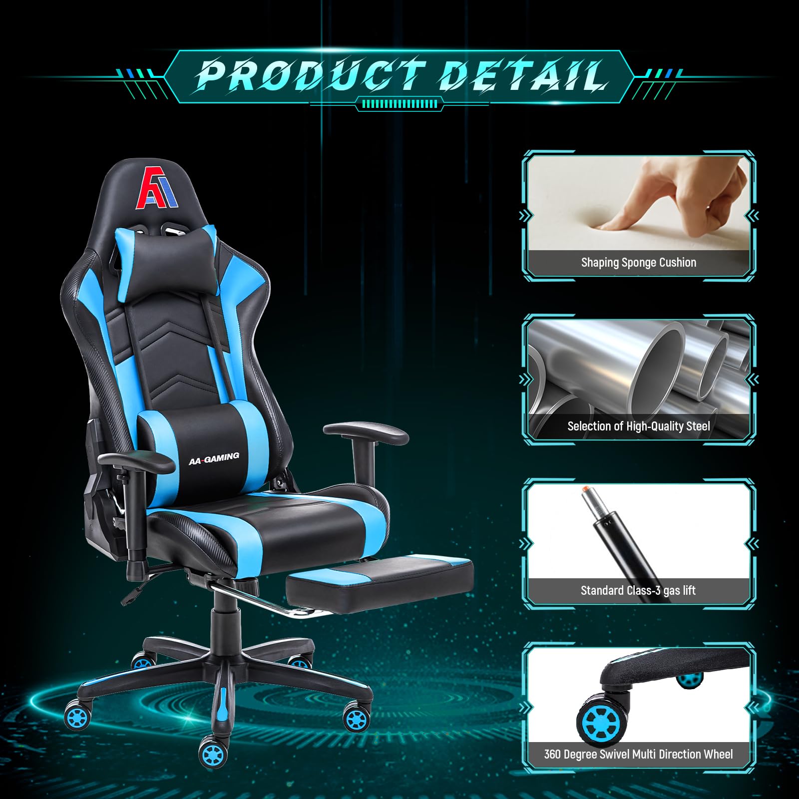 Premium Ergonomic Gaming Chair - High Back Racing Office Chair with Adjustable Height, Lumbar Support & Footrest - Black & Blue Upgraded Version for PC Gaming, Work & Home Office Use