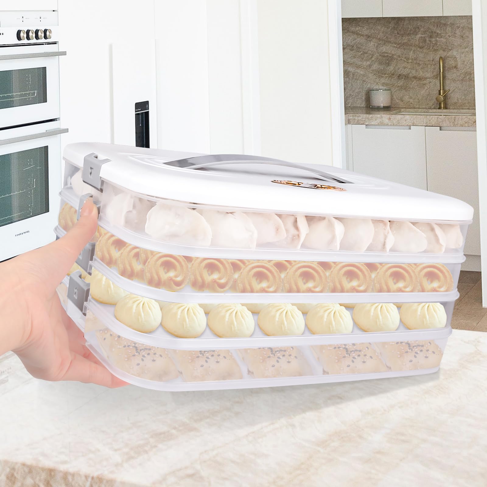 Liatinbo 4-Layer Airtight Cookie Carrier with Lid & Handle - Dessert Transport Container for Cookies, Dumplings, Cupcakes & Pastries - Perfect for Parties, Picnics & Bakery Storage (White)