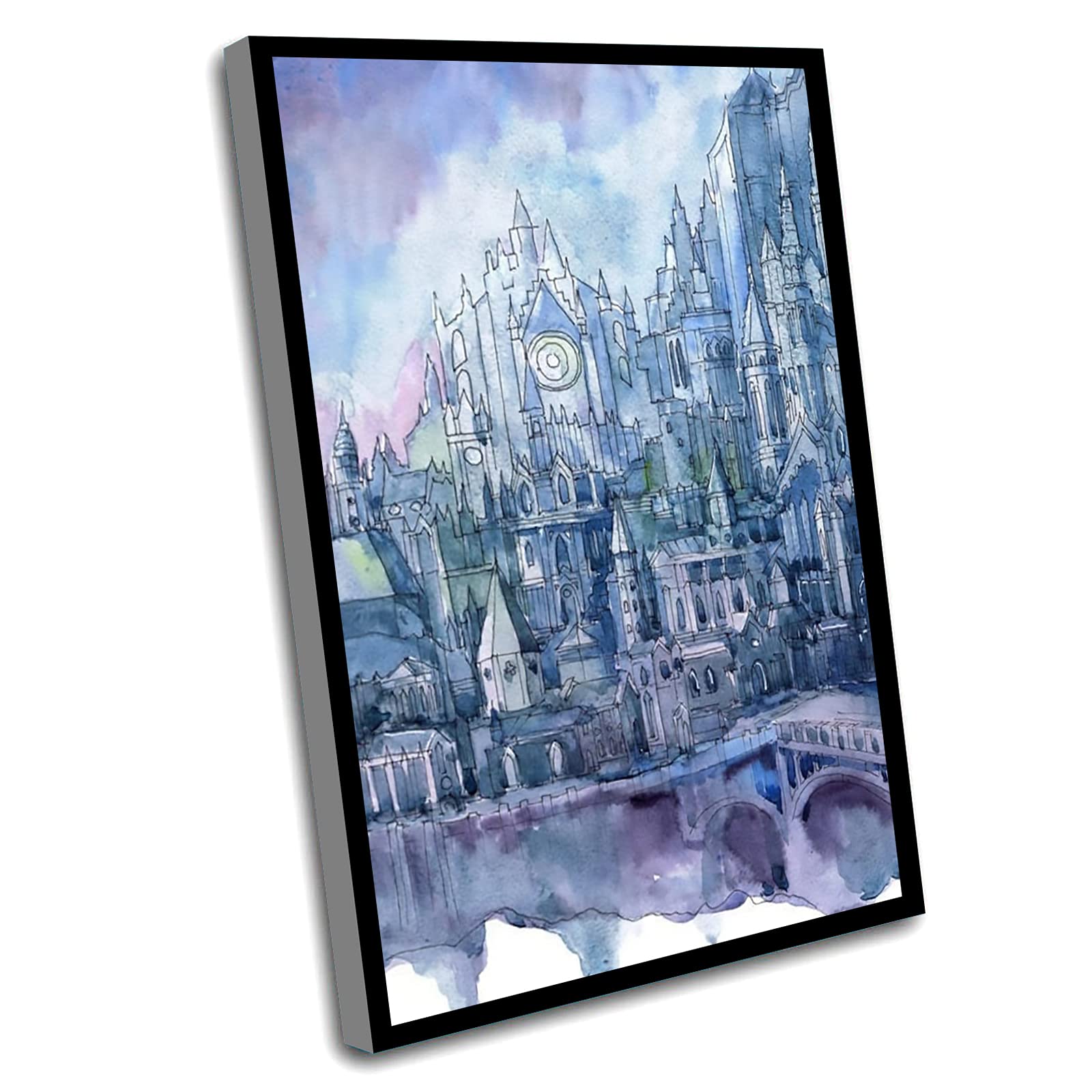 Gothic Fantasy City Wall Art Print - 16x24 Inch Framed Video Game Poster | Watercolor Soulsborne Art Decor for Office & Gaming Room | Dark Fantasy Painting for Home & Workspace