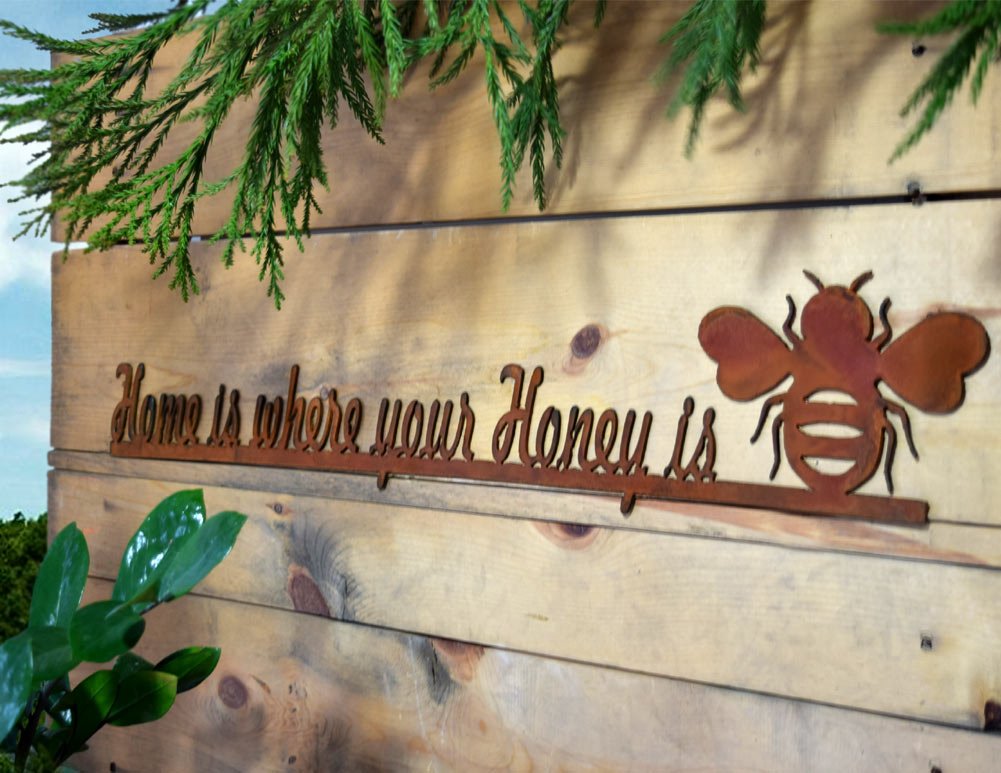 Rustic Honeybee Metal Wall Art Sign - American Made Home Decor for Garden, Patio, or Farmhouse Style Spaces