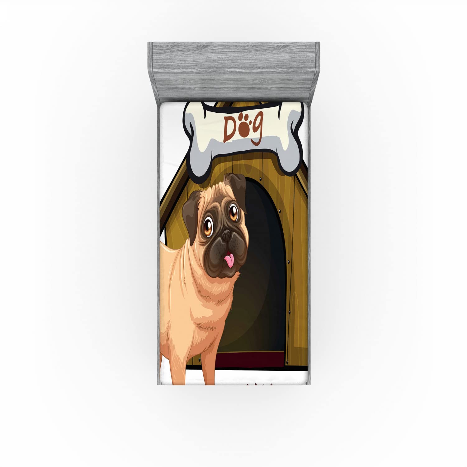 Ambesonne Pug Fitted Sheet - Cartoon Dog House Design with Pug & Food Truck Print, Deep Pocket Elastic Twin Size Bed Sheet in Pale Coffee Sand Brown | Perfect for Kids' Rooms, Dog Lovers' Bedrooms & Themed Decor