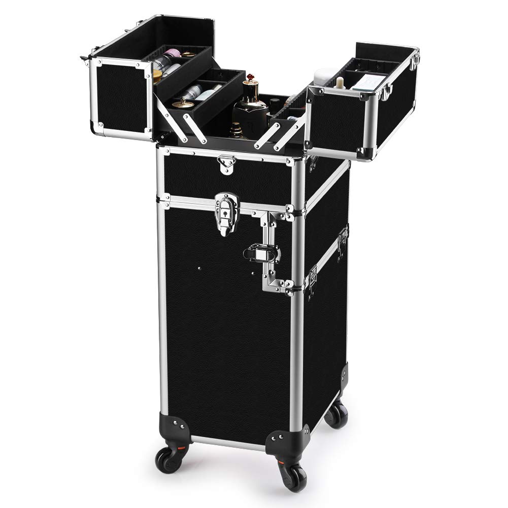 OUDMAY Professional 2-in-1 Aluminum Makeup Train Case with Locks & Folding Trays - Rolling Cosmetic Storage Organizer for Makeup Artists & Travel (Black) - Perfect for Salon, Home Vanity & On-the-Go Beauty Needs