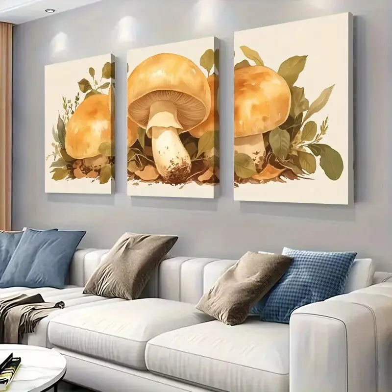 3-Piece Vibrant Orange Yellow Mushroom Wall Art Set with Leaves - Framed Canvas 50x70cm - High Quality Print - 100% Australian Made - Ready to Hang - Perfect for Living Room, Bedroom & Office Decor