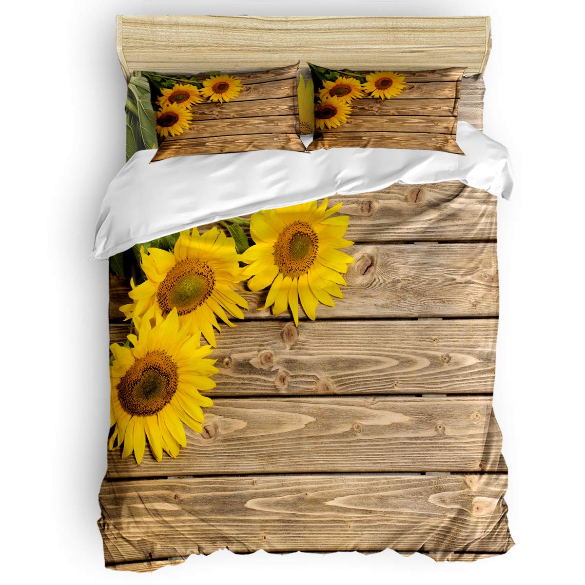 T&H XHome 4-Piece Sunflower Barn Wood Print Bedding Set - King Size Down Comforter Cover, Flat Sheet & Pillowcases for Adults, Teens & Kids | Rustic Farmhouse Decor for Master Bedroom, Guest Room & Dorm