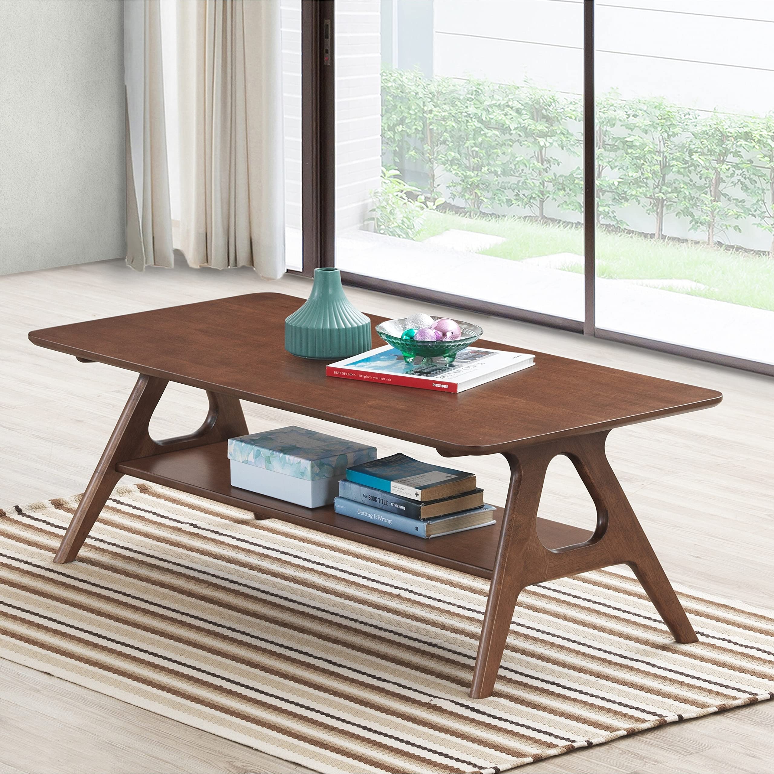 Mid-Century Modern Wood Coffee Table with Shelf - Rectangular Walnut Finish Brown - Perfect for Living Room, Lounge & Home Office Decor