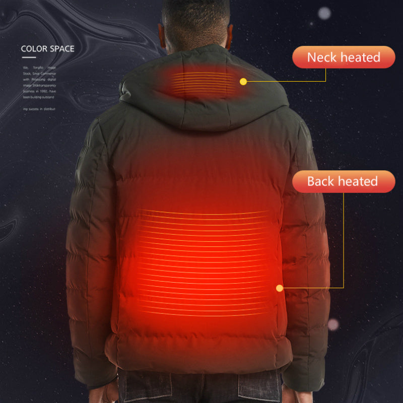 USB Heated Down Jacket - Smart Electric Winter Coat with Hood, Thicken Warm for Outdoor Hiking & Skiing - Large Size Available - Perfect for Cold Weather Adventures and Winter Sports
