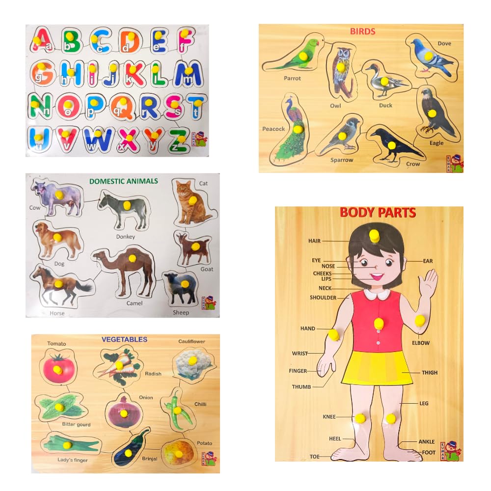 5-in-1 Wooden Learning Puzzle Set for Kids & Adults - Alphabet, Animals, Vegetables, Shapes, Birds & Body Parts Educational Toys | STEM Learning, Preschool Education & Family Game Night Activities