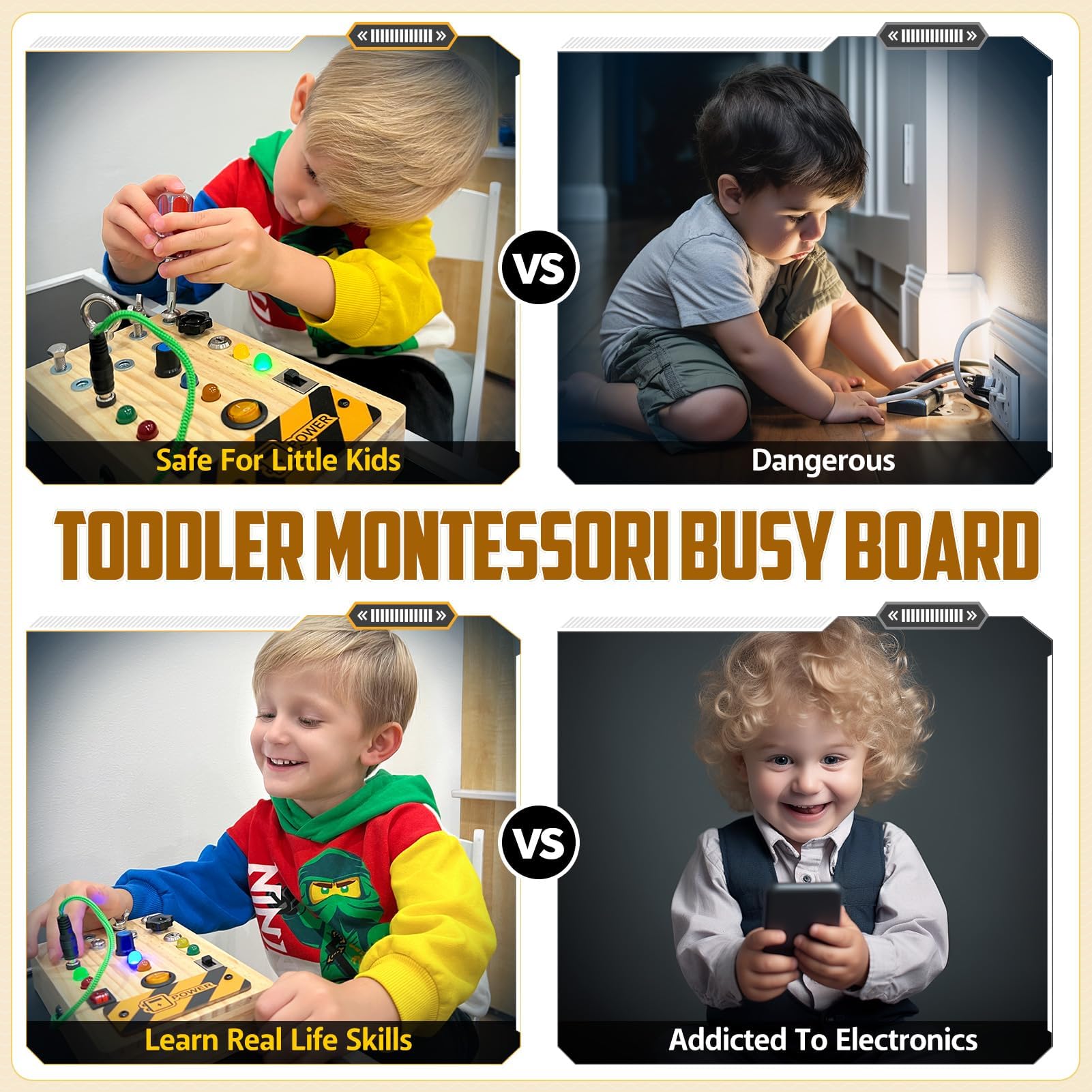 Montessori Busy Board for Toddlers 1-3 Years - Wooden Sensory Activity Toy with LED Lights - Educational Learning Toy for 3 4 Year Old Boys & Girls - Perfect Christmas Birthday Gift for Kids - Great for Travel, Home Play & Early Childhood Development