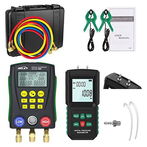 BELEY Digital HVAC Manifold Gauge Set - Refrigeration Pressure Tester with Dual Port Differential Gauge, 13 Selectable Units (PSI, kPa, bar) - Professional AC Repair Tool for R22 R410A R134a Refrigerant Charging & HVAC System Maintenance