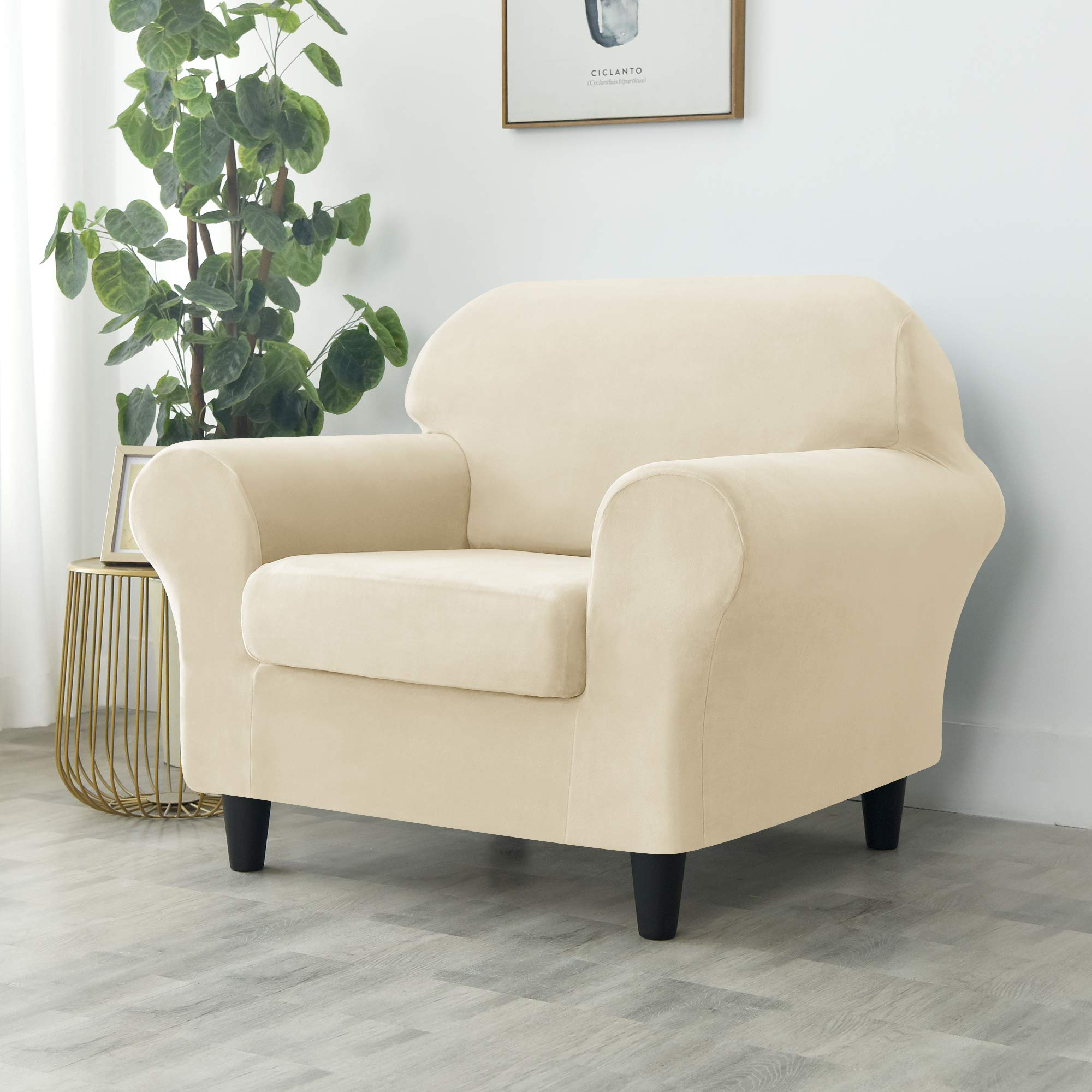 Ultra Soft Velvet Stretch Sofa Slipcover - Pet & Kid Friendly Furniture Protector Couch Cover (Beige, Small) | Perfect for Living Room, Family Room & Home Decor Protection