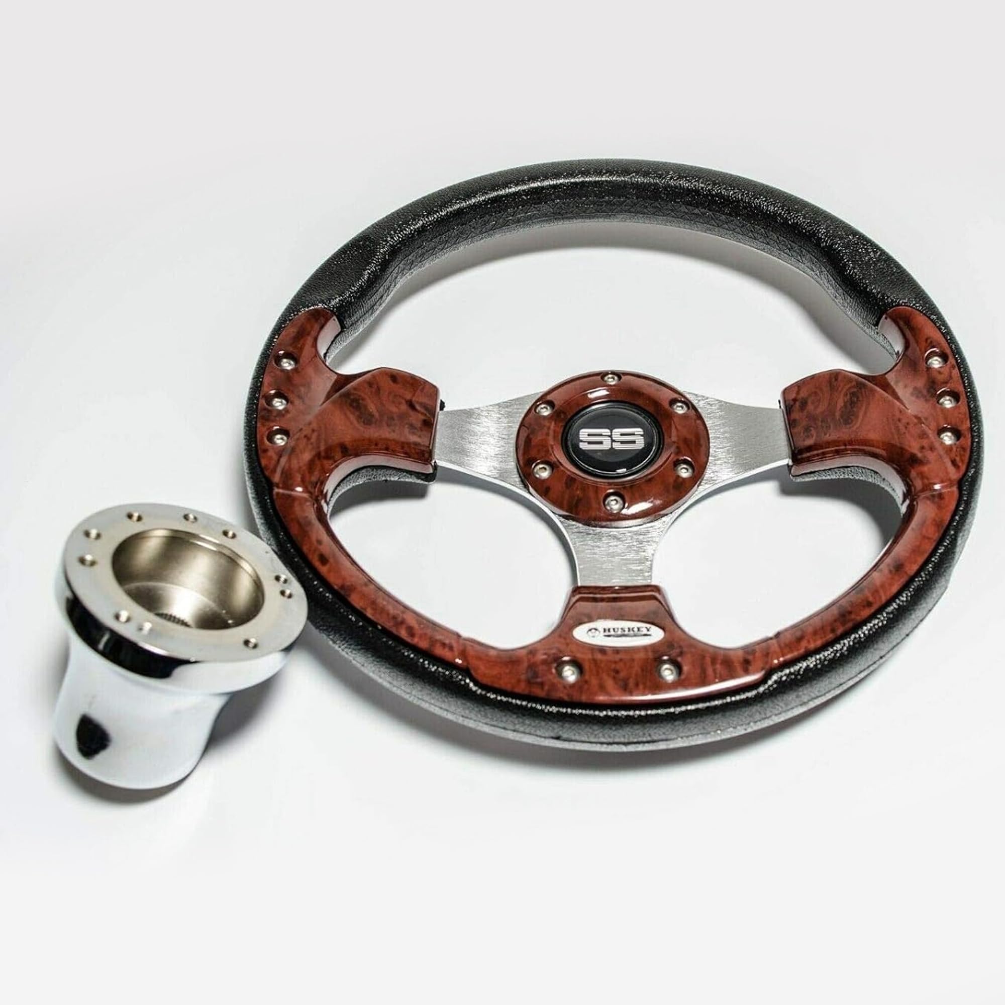 Huskey 12.5 Inch Classic Wood Grain Golf Cart Steering Wheel - Compatible with Yamaha G16-G29 Drive/Drive 2 Gas & Electric Models - Super Sport Center Logo, Brushed Aluminum Spokes & Anti-Slip Grip - Perfect for Golf Course Rides, Neighborhood Cruising & Utility Vehicle Upgrades