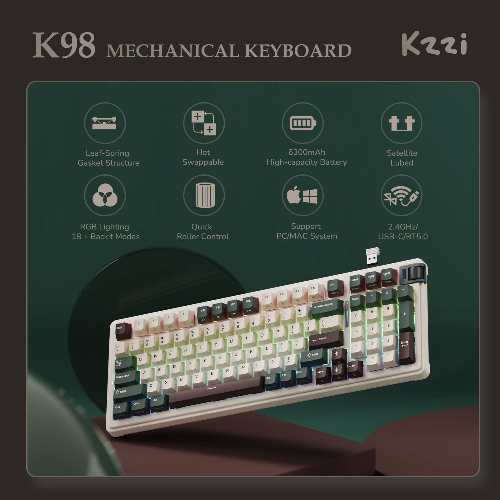 K98 Wireless Mechanical Keyboard - Triple Mode (BT/2.4G/USB-C), RGB Backlit Gaming Keyboard with Gasket Structure, Pre-lubed Hot Swappable Linear Switch for PC, Mac, Office & Gaming