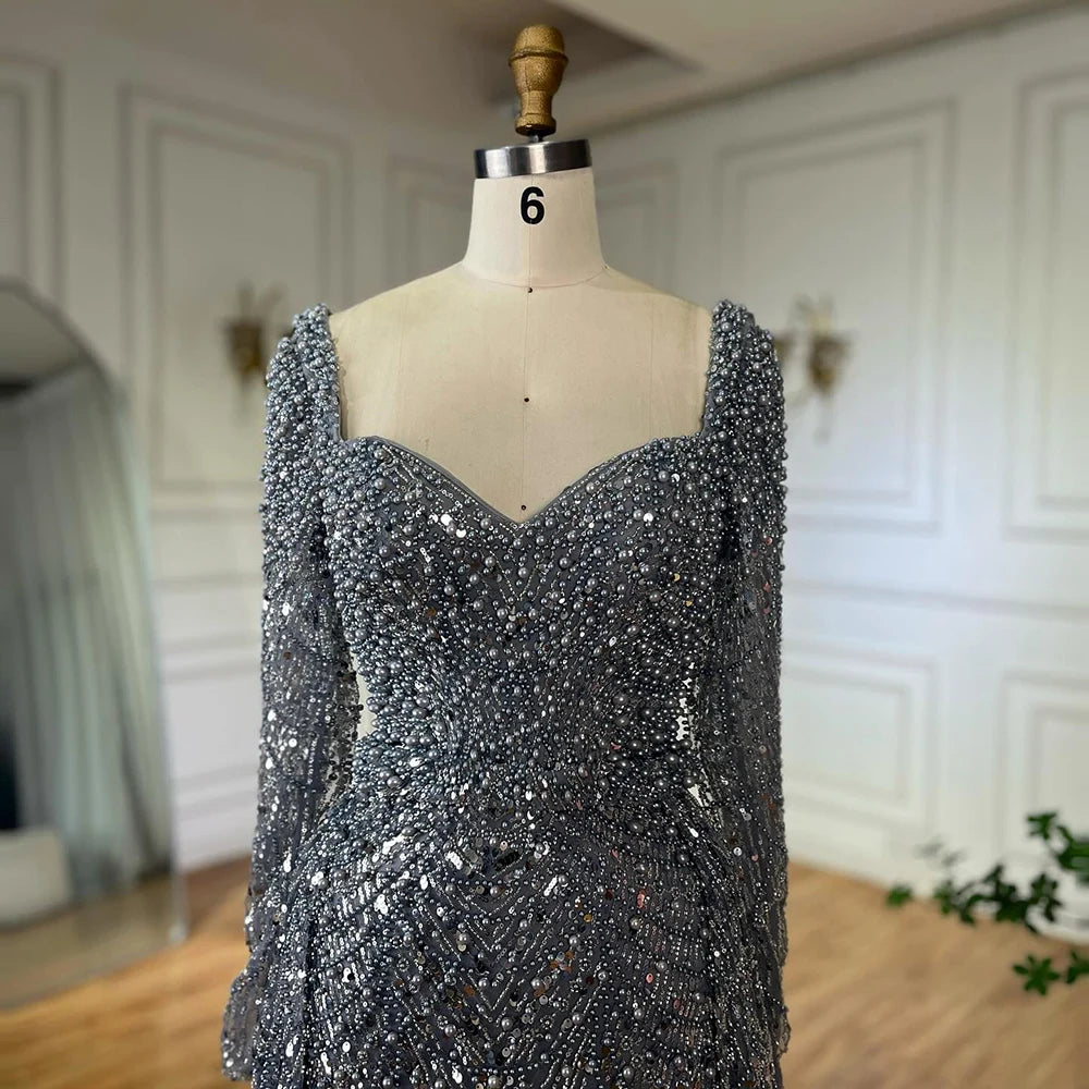 Elegant Dubai Saudi Arabic Gray Mermaid Beaded Evening Gown with Overskirt for Formal Occasions - LA72849 | Perfect for Weddings, Galas, and Special Events